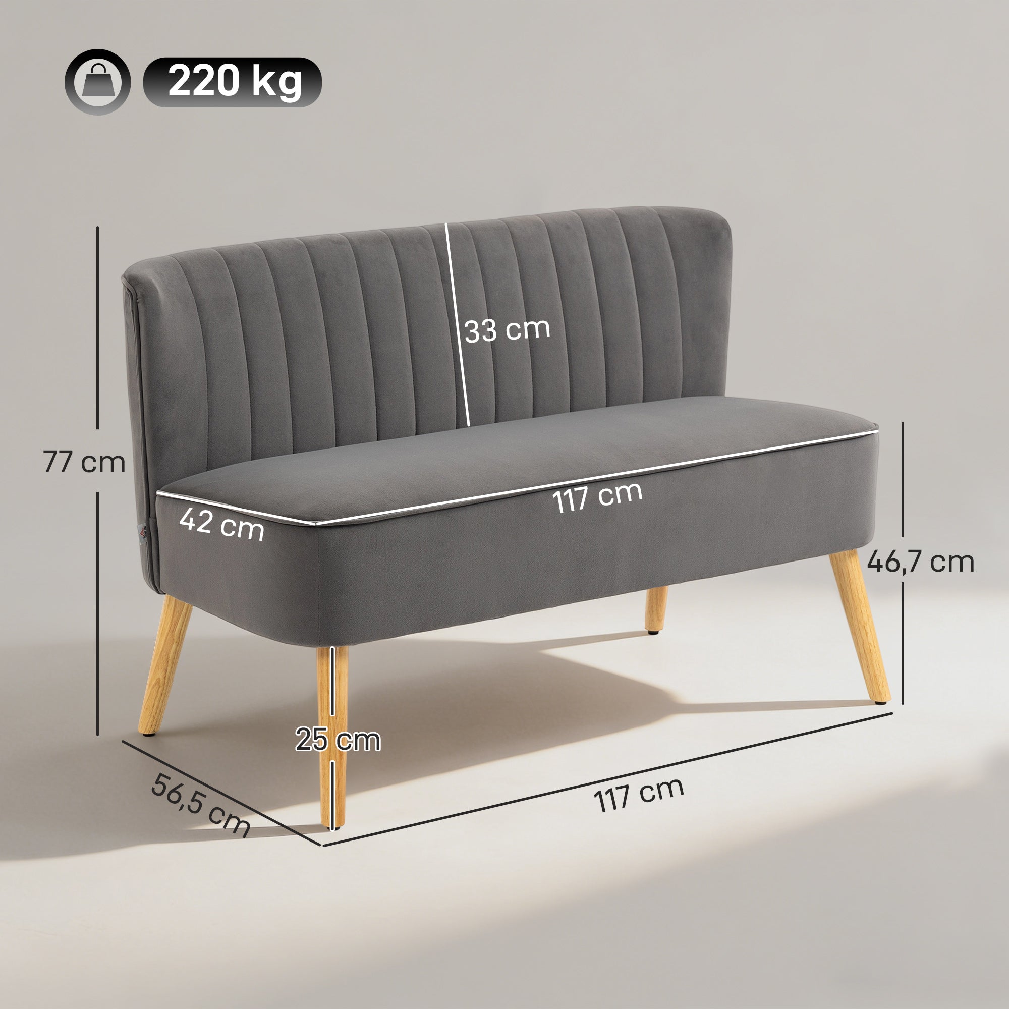 2-Seater Velvet-Look Loveseat Sofa, Modern Upholstered Small Sofa for Living Room, Bedroom, Dark Gray — 117 x 56.5 x 77 cm (46.1 x 22.2 x 30.3 in)