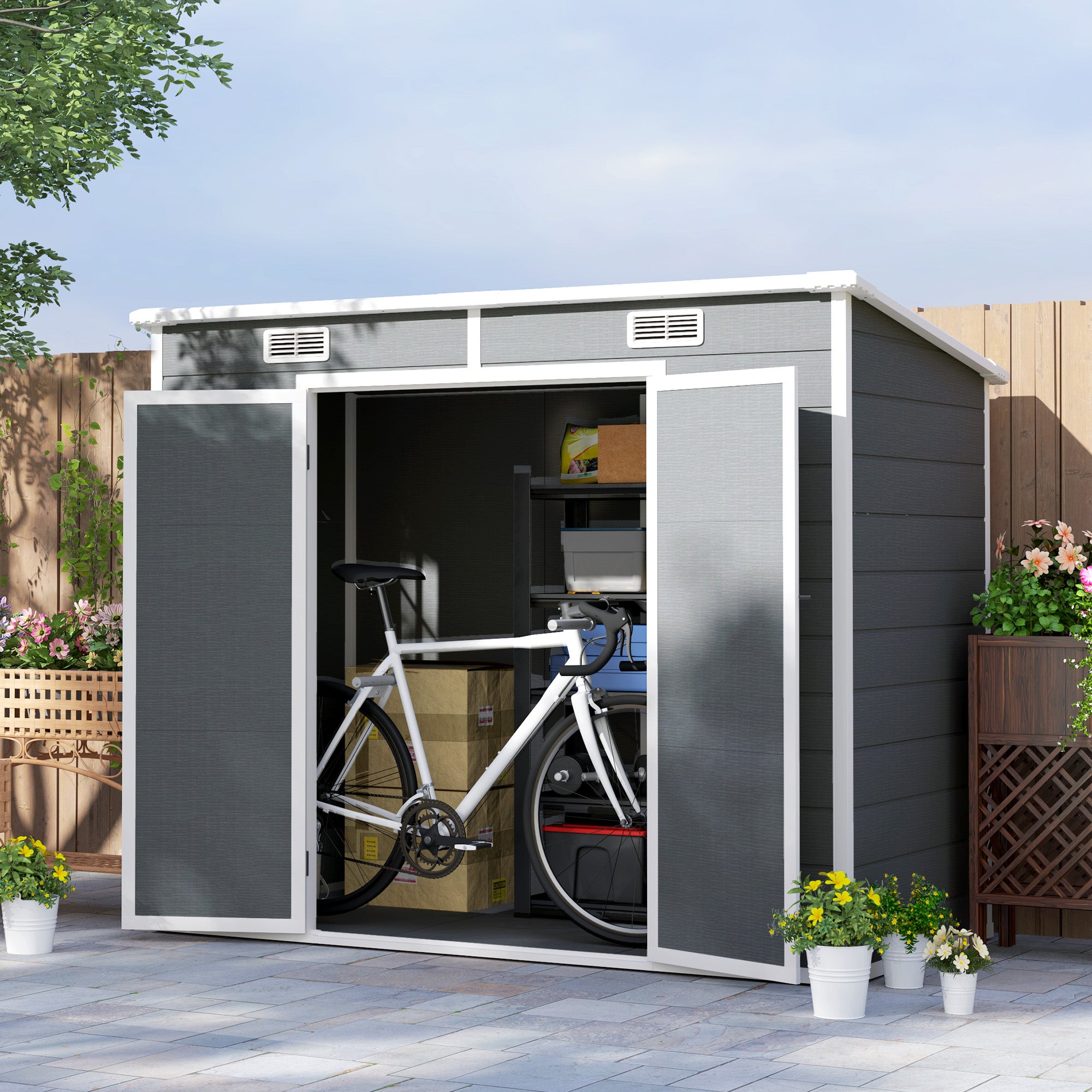 Tool Shed 2.54m², Waterproof Garden House with Floor Pent Roof, 238x125x183/165 cm, Tool Shed with Lockable Door, Window Bike Garage Garden Cabinet made of Aluminum, for Backyard, Garden, Gray