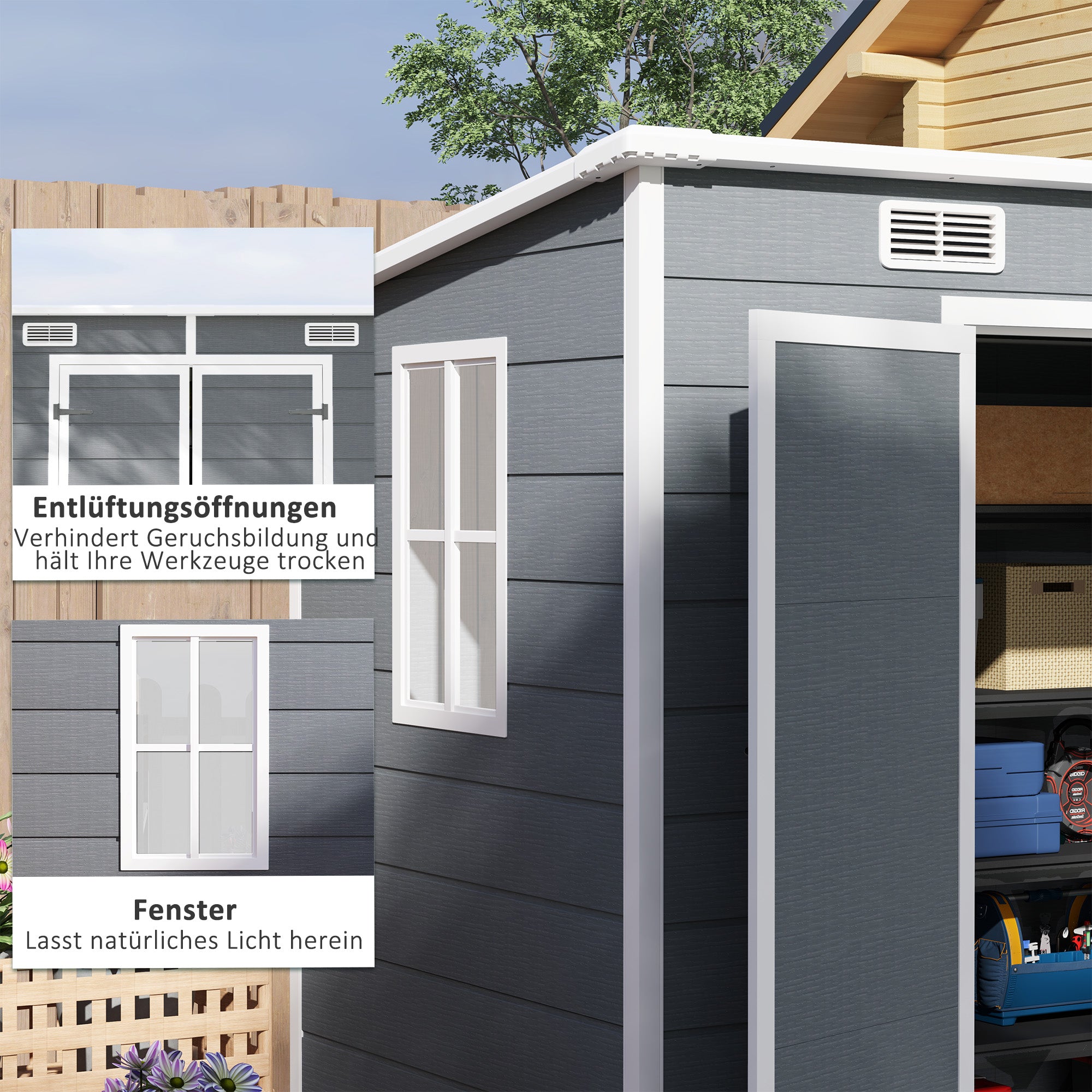 Tool Shed 2.54m², Waterproof Garden House with Floor Pent Roof, 238x125x183/165 cm, Tool Shed with Lockable Door, Window Bike Garage Garden Cabinet made of Aluminum, for Backyard, Garden, Gray