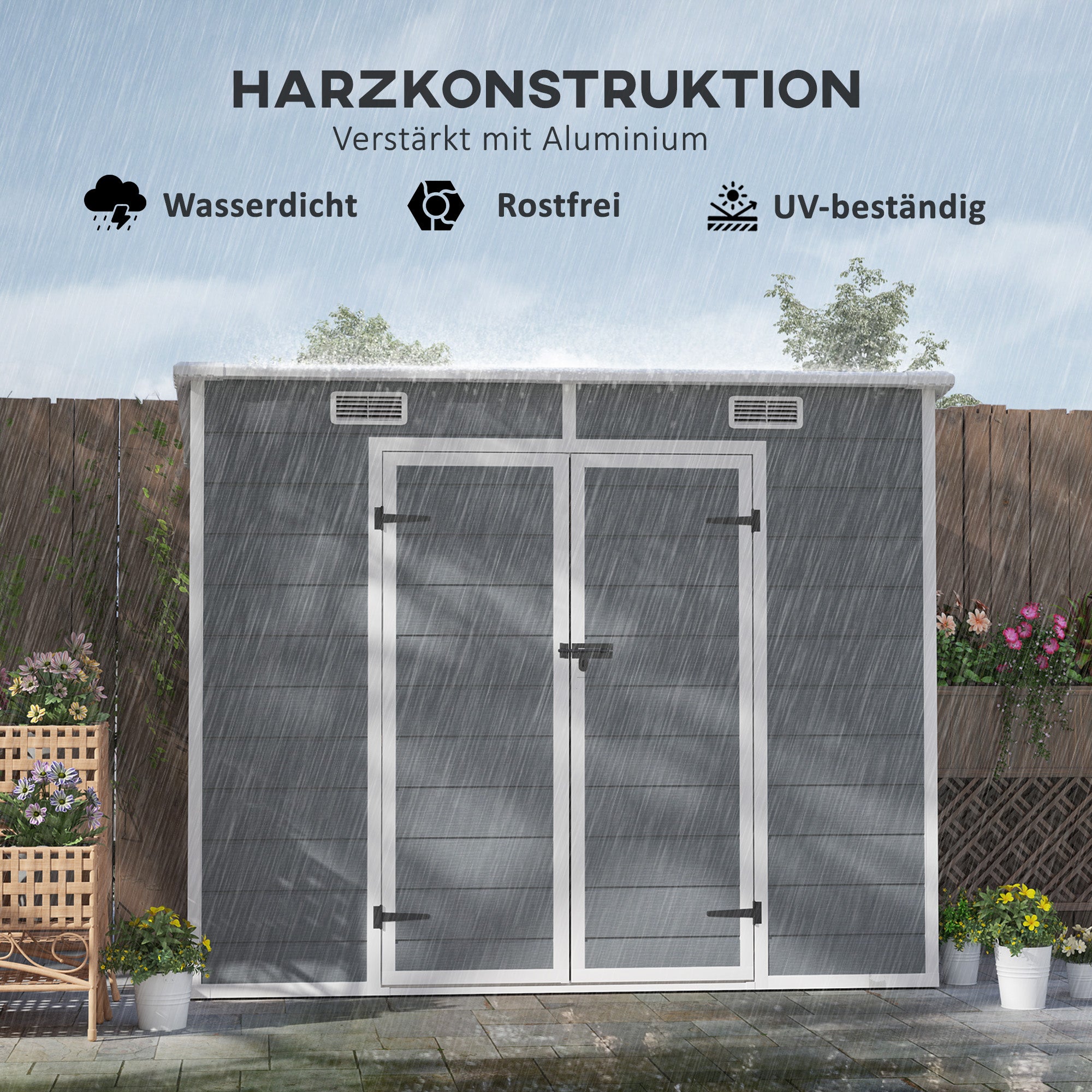 Tool Shed 2.54m², Waterproof Garden House with Floor Pent Roof, 238x125x183/165 cm, Tool Shed with Lockable Door, Window Bike Garage Garden Cabinet made of Aluminum, for Backyard, Garden, Gray