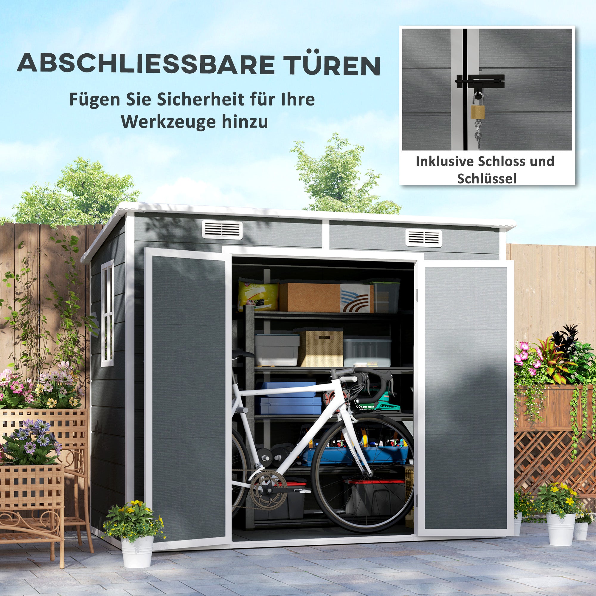 Tool Shed 2.54m², Waterproof Garden House with Floor Pent Roof, 238x125x183/165 cm, Tool Shed with Lockable Door, Window Bike Garage Garden Cabinet made of Aluminum, for Backyard, Garden, Gray