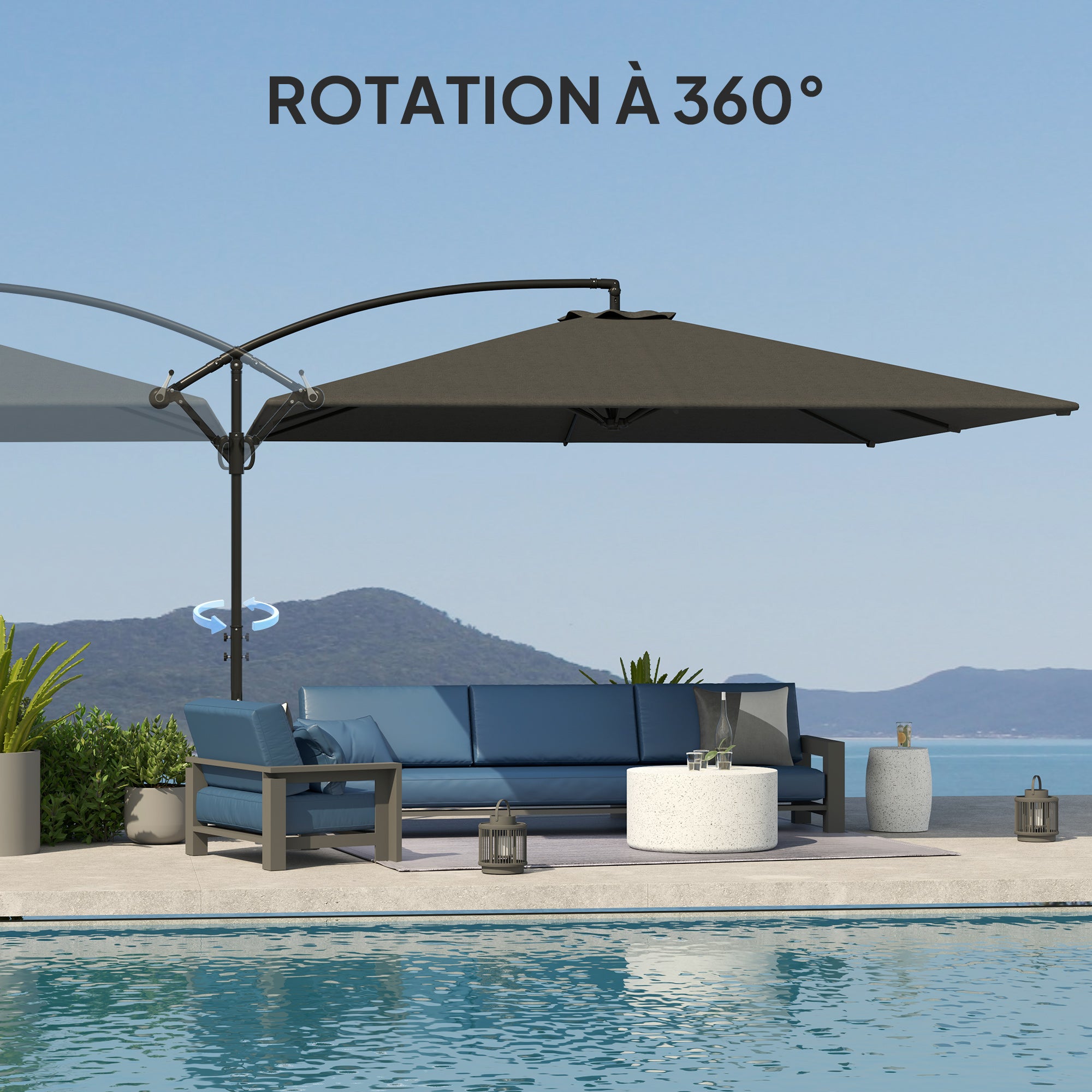 Rectangular Offset Patio Umbrella 3.6x3.9 m, Outdoor Garden Umbrella with Crank, Cross Base, Tilt and 360° Rotation, 180 g/m² Polyester Canopy, UV Protection UPF50+, Gray