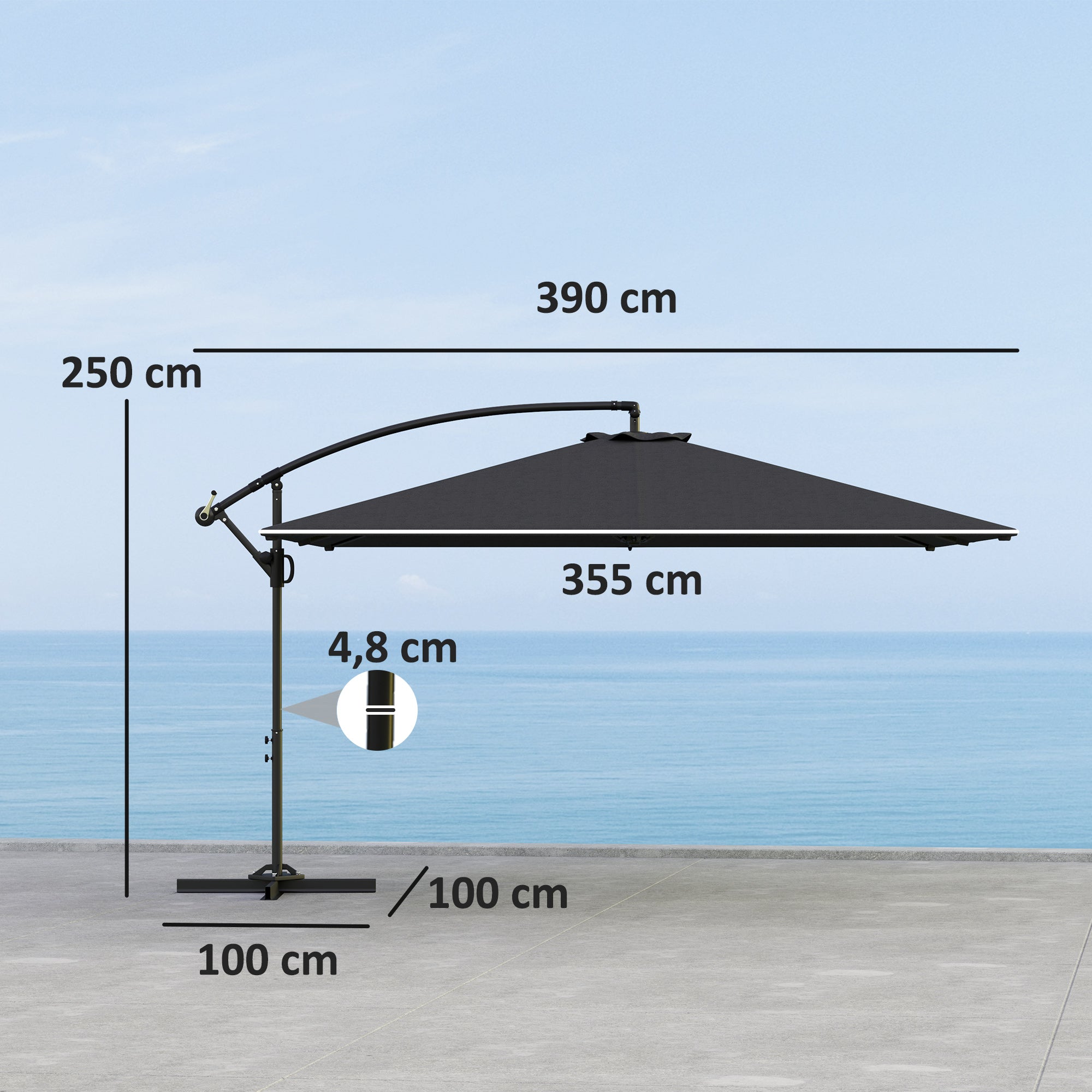 Rectangular Offset Patio Umbrella 3.6x3.9 m, Outdoor Garden Umbrella with Crank, Cross Base, Tilt and 360° Rotation, 180 g/m² Polyester Canopy, UV Protection UPF50+, Gray