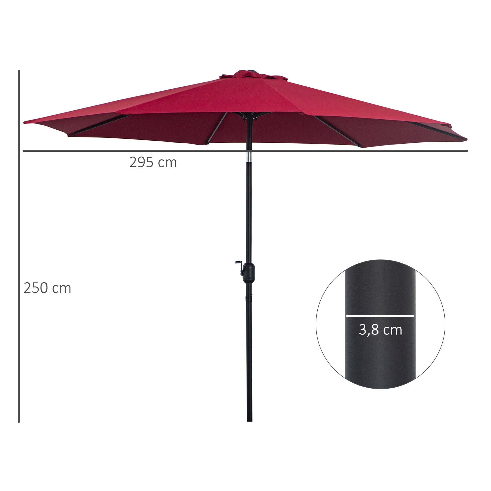 Garden Umbrella Ø295x250 cm with Crank, Outdoor Sunshade with Tilt Mechanism and Detachable Metal Post for Patio Pool Wine Red