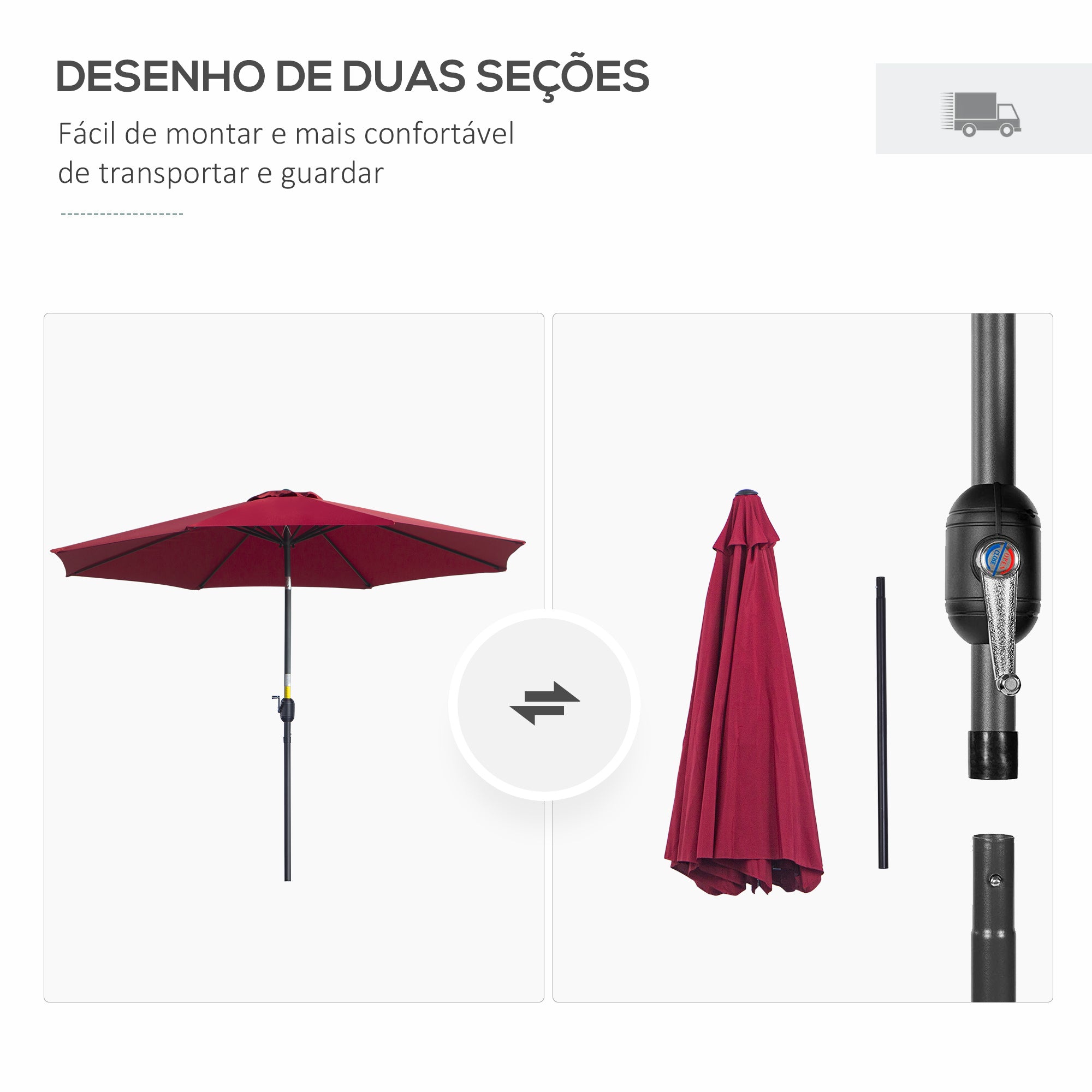 Garden Umbrella Ø295x250 cm with Crank, Outdoor Sunshade with Tilt Mechanism and Detachable Metal Post for Patio Pool Wine Red