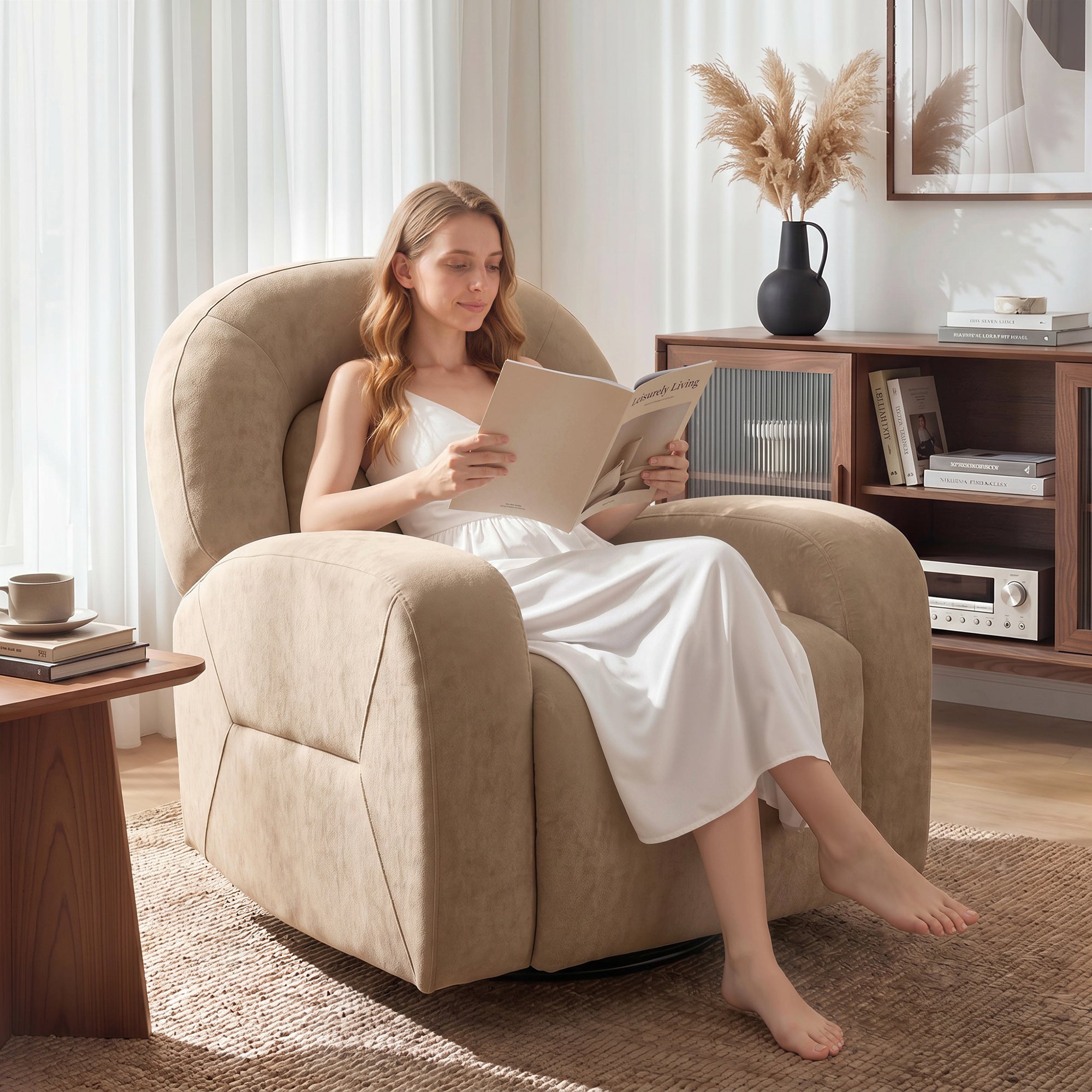 Cloud-Plush Recliner Chair — 360° Swivel, Rock & 135° Recline, Wide Seat, Khaki