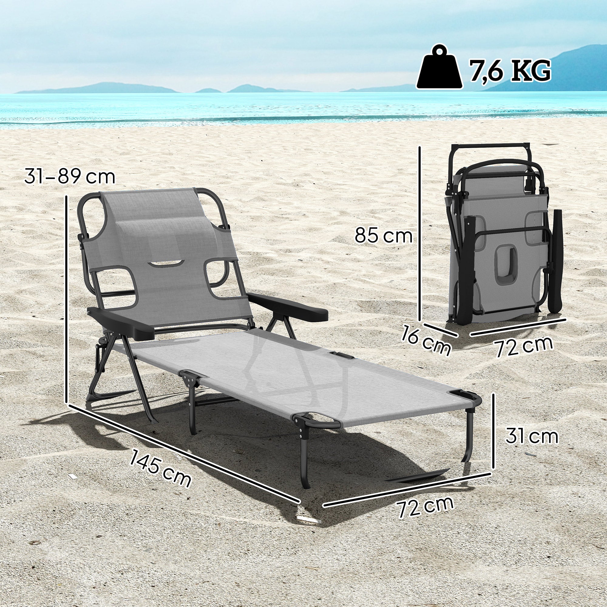 Folding Sun Lounger Garden Lounger with Reading Window, Head Pillow, Reclining Chair with 4-Fold Adjustable Backrest, Weatherproof Camping Lounger up to 120 kg Load Capacity, for Garden Beach Pool, Dark Gray