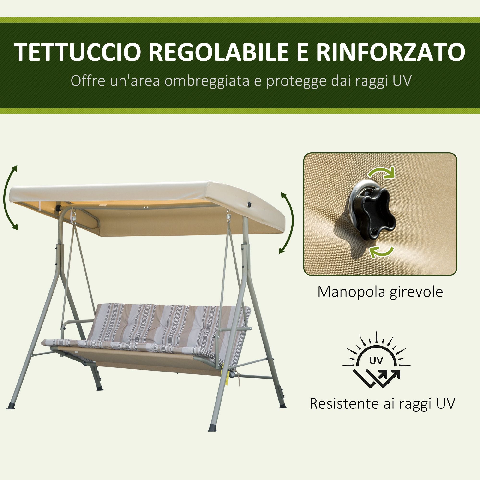3-Seater Garden Swing with Steel Frame and Adjustable Sunshade Canopy, Padded Cushions and Armrests, 172x110x156cm