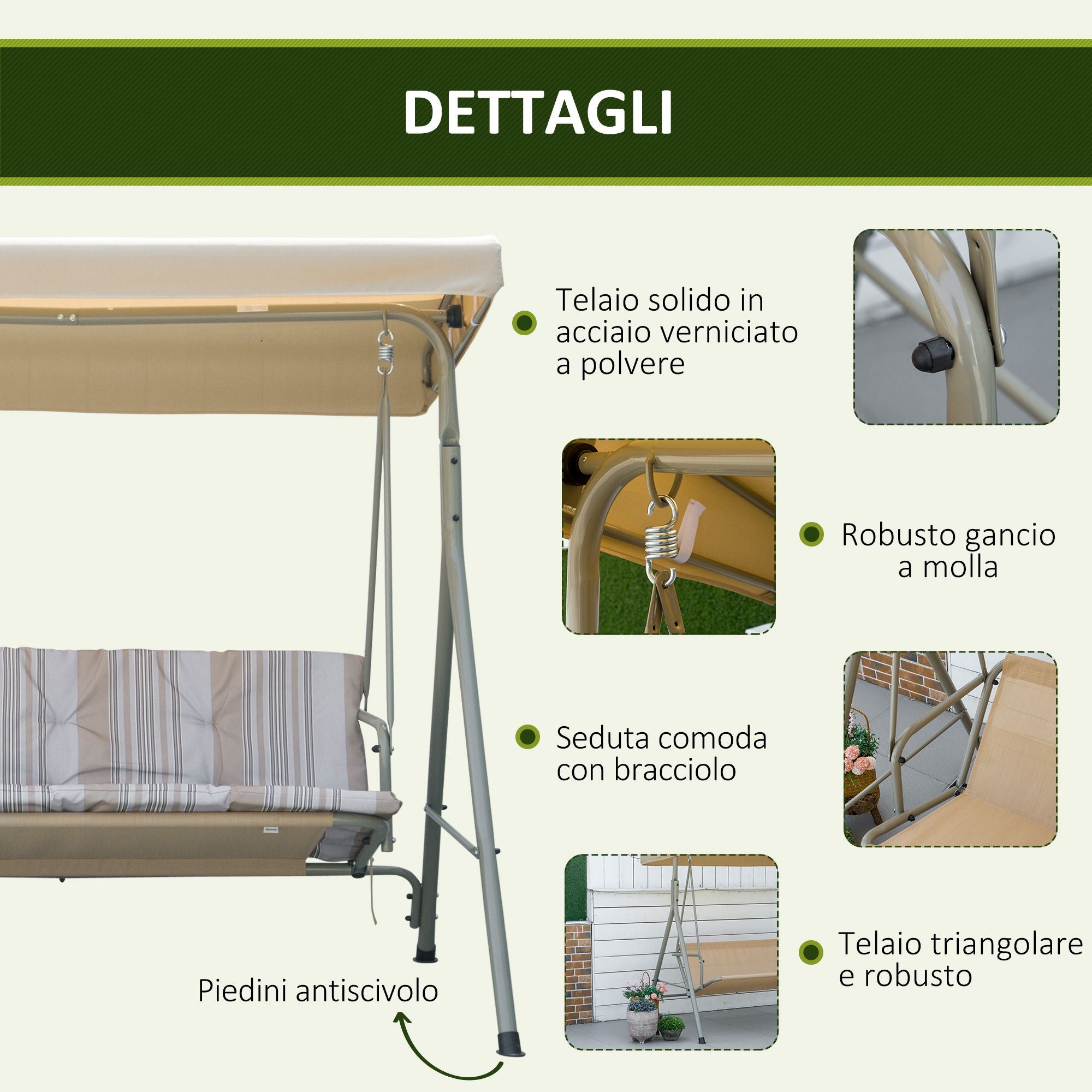 3-Seater Garden Swing with Steel Frame and Adjustable Sunshade Canopy, Padded Cushions and Armrests, 172x110x156cm