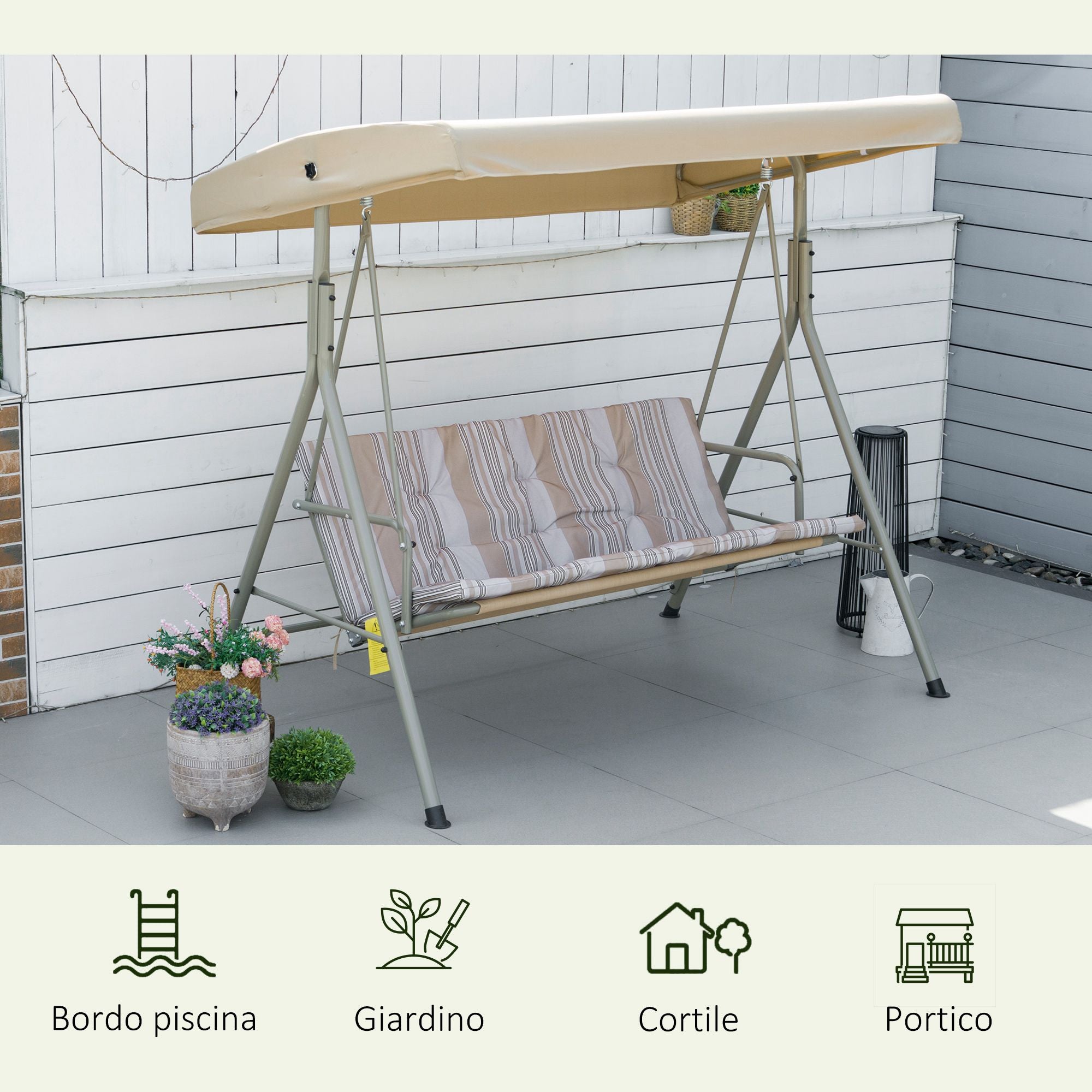 3-Seater Garden Swing with Steel Frame and Adjustable Sunshade Canopy, Padded Cushions and Armrests, 172x110x156cm