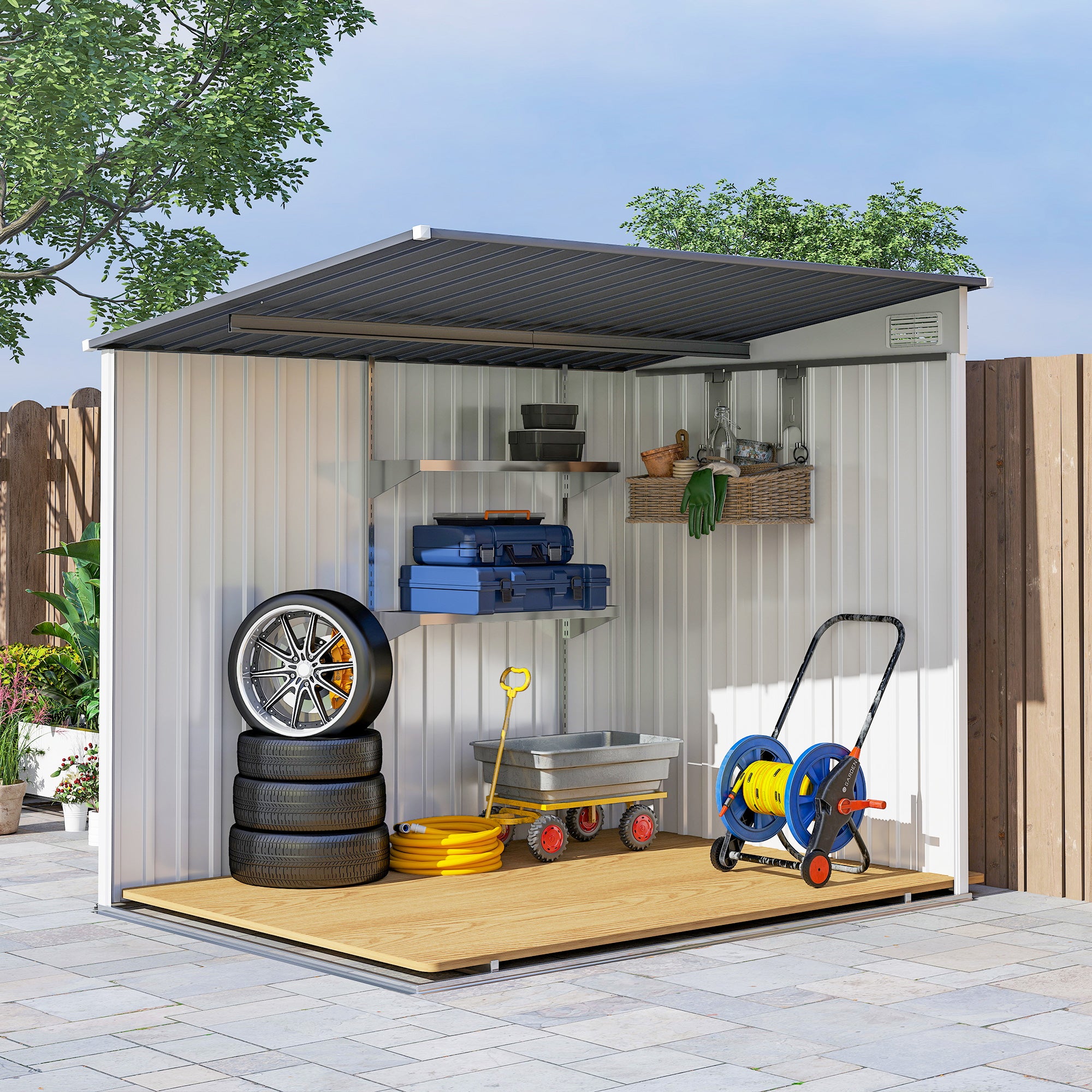 Garden Shed Steel Tool Shed 1.5x2m with Base, Garden Shed with Sliding Door, Sloping Roof, Shelves, Hooks, and Air Vents, White