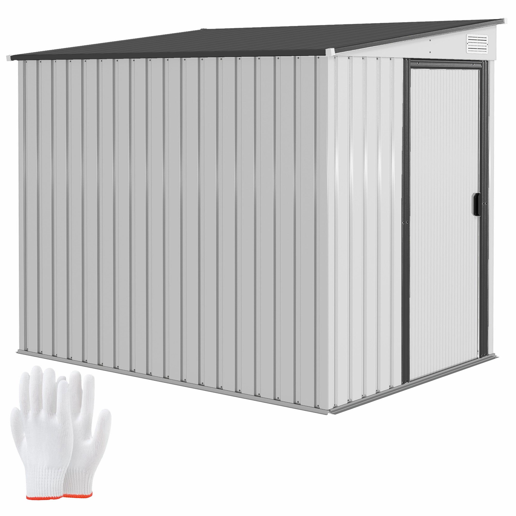 Garden Shed Steel Tool Shed 1.5x2m with Base, Garden Shed with Sliding Door, Sloping Roof, Shelves, Hooks, and Air Vents, White