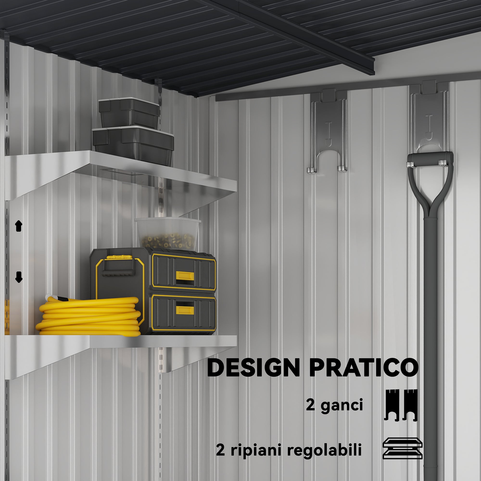 Garden Shed Steel Tool Shed 1.5x2m with Base, Garden Shed with Sliding Door, Sloping Roof, Shelves, Hooks, and Air Vents, White