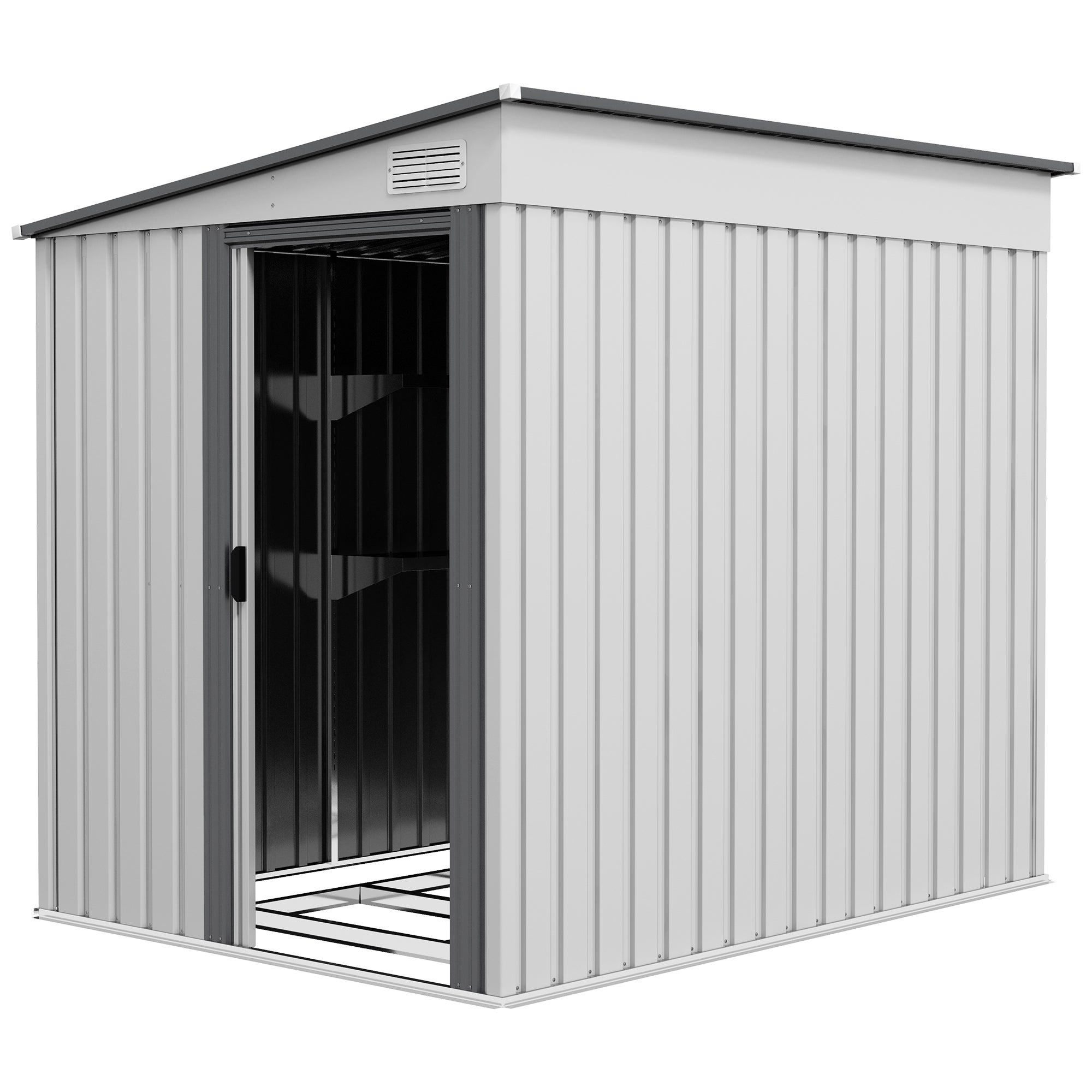 Garden Shed Steel Tool Shed 1.5x2m with Base, Garden Shed with Sliding Door, Sloping Roof, Shelves, Hooks, and Air Vents, White