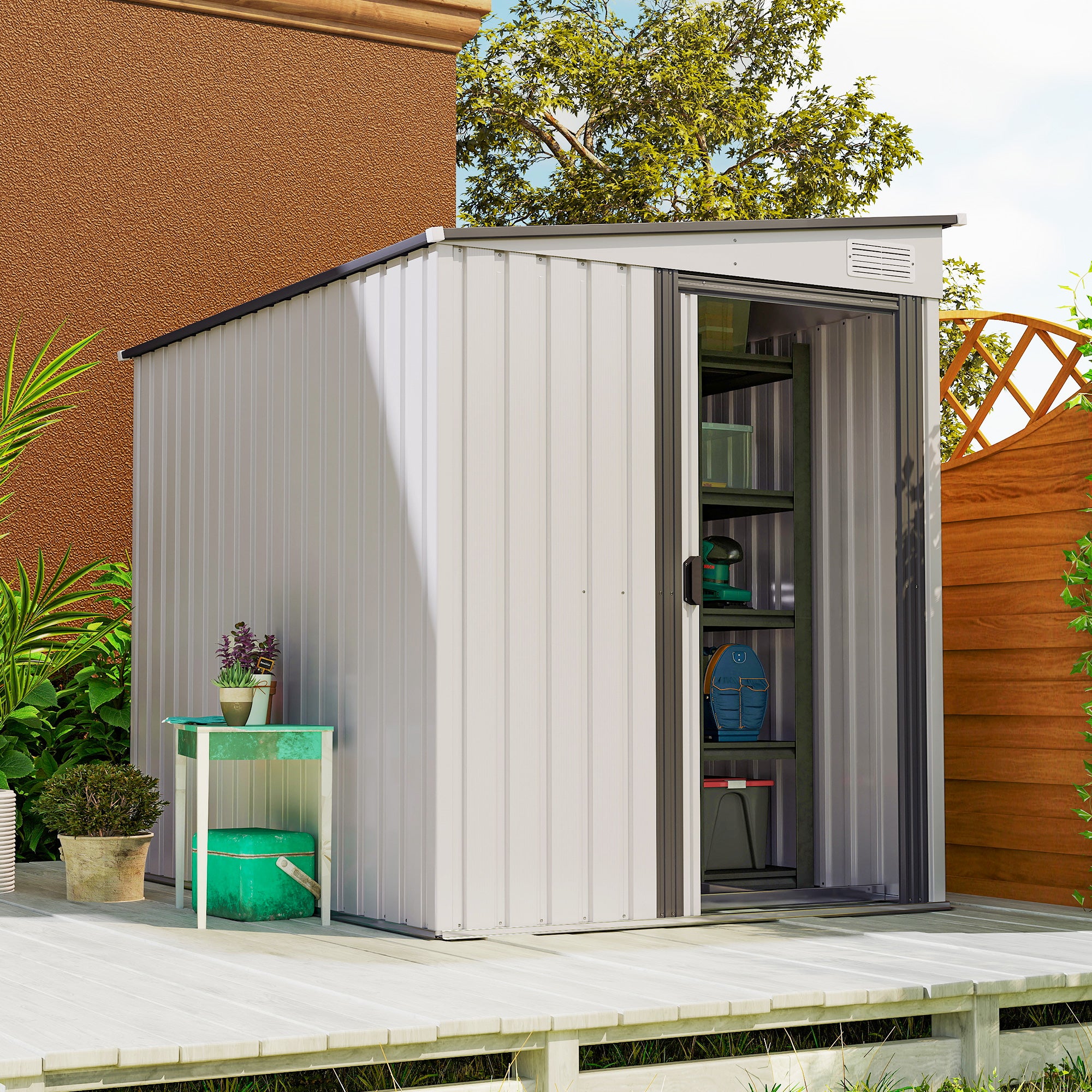 Garden Shed Steel Tool Shed 1.5x2m with Base, Garden Shed with Sliding Door, Sloping Roof, Shelves, Hooks, and Air Vents, White