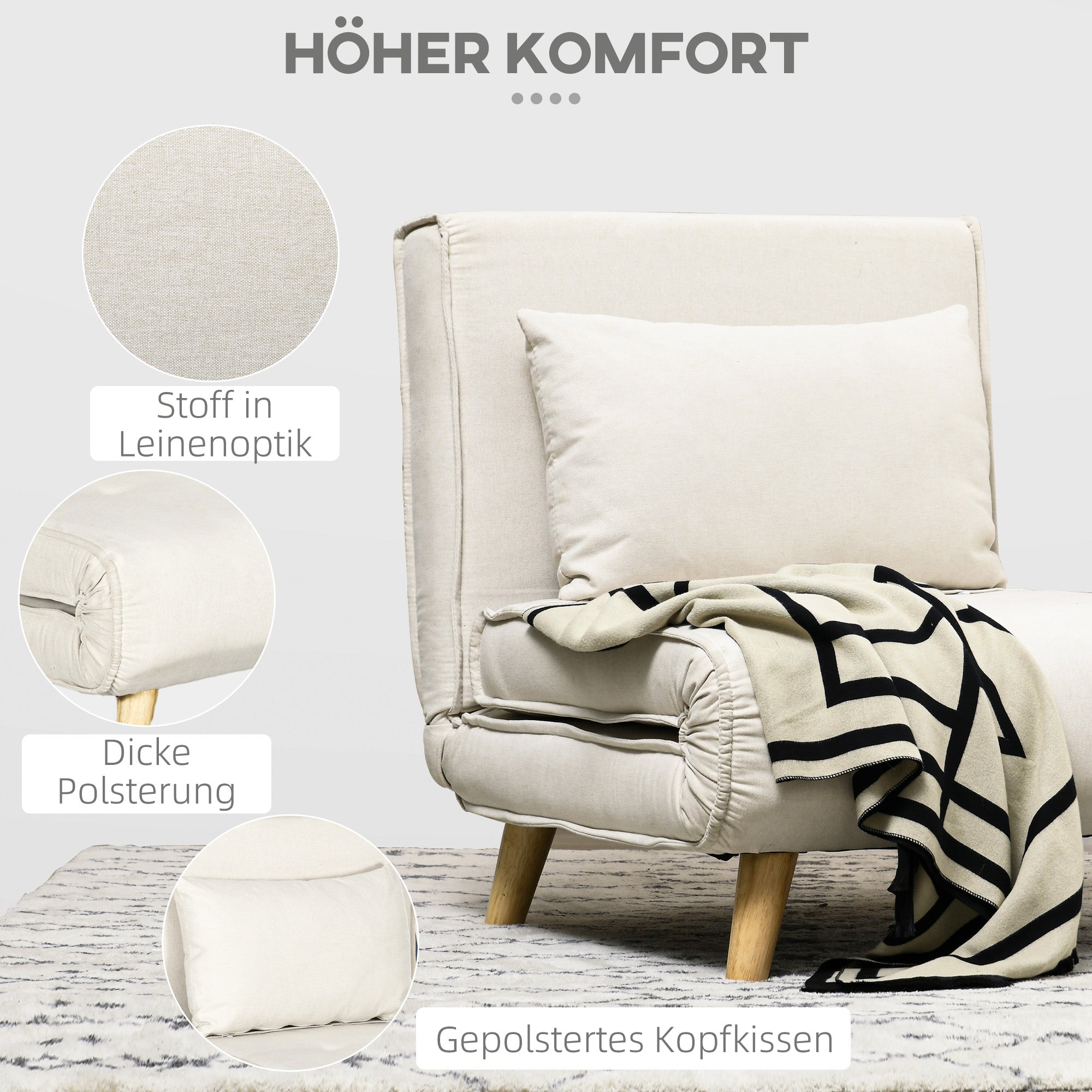 3 in 1 Sleeper Chair, Sofa Bed with Bed Function, Lumbar Pillow, Foldable Recliner with Adjustable Backrest Chaise Lounge in Linen Look, for Living Room, Cream