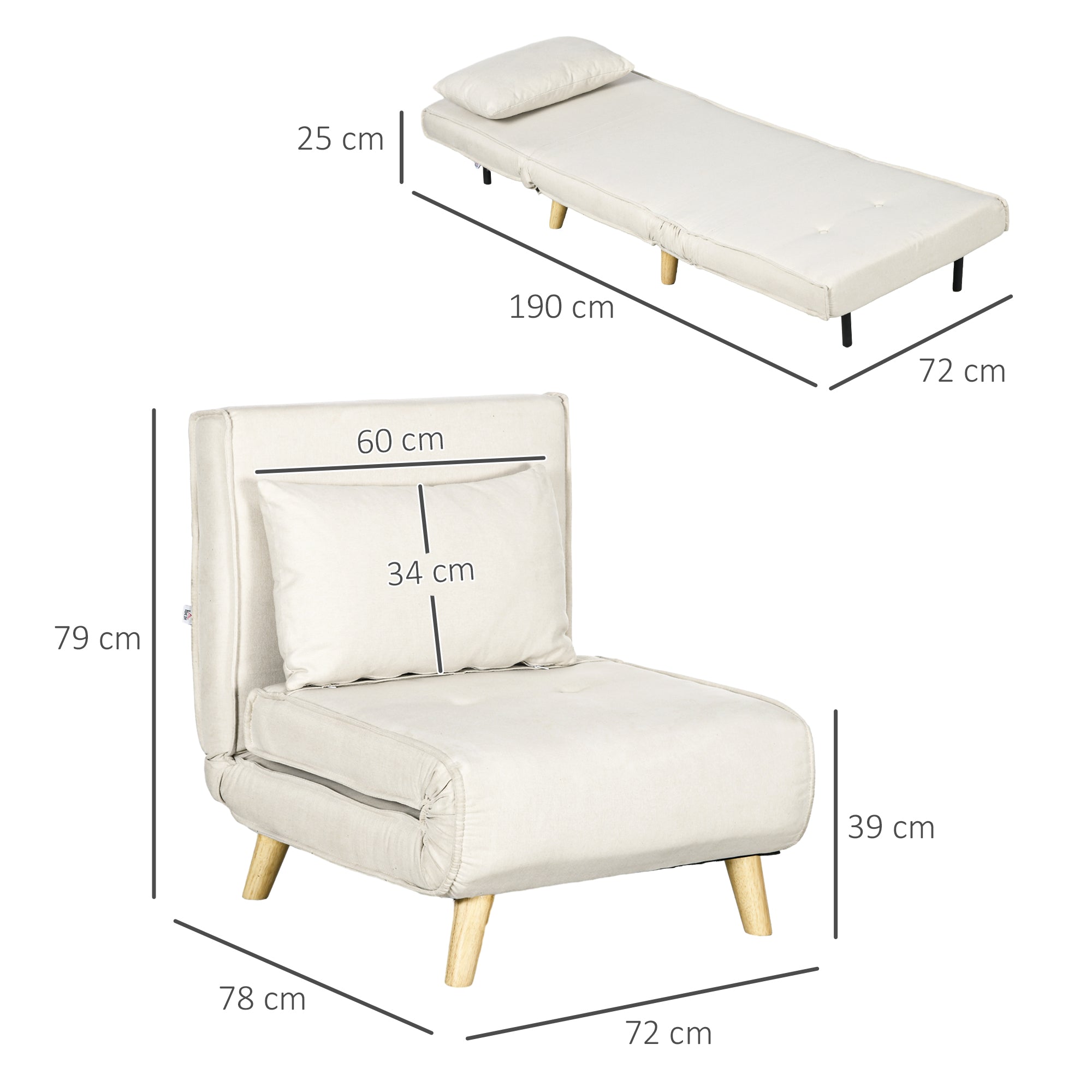 3 in 1 Sleeper Chair, Sofa Bed with Bed Function, Lumbar Pillow, Foldable Recliner with Adjustable Backrest Chaise Lounge in Linen Look, for Living Room, Cream
