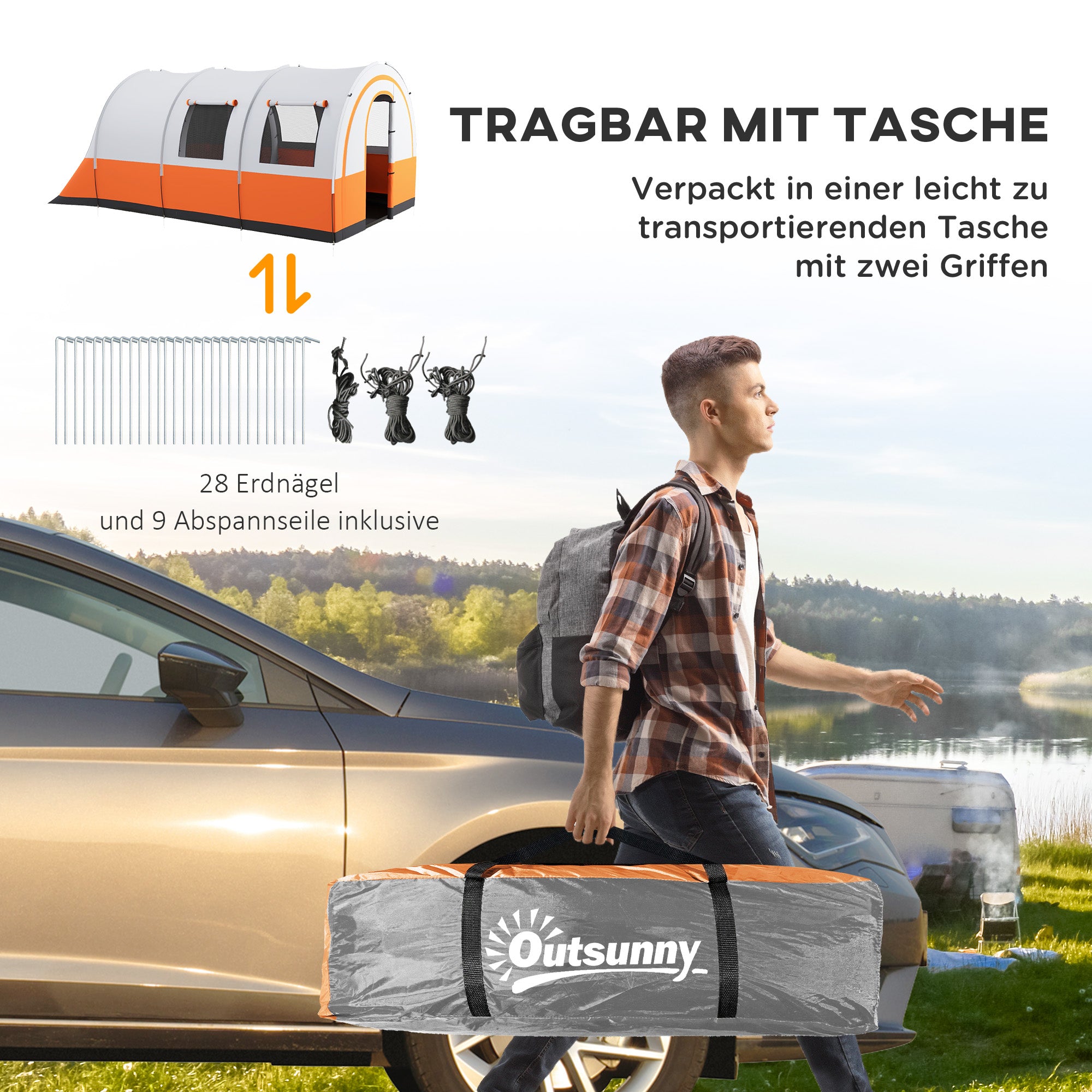 Tunnel Tent, Camping Tent for 6 People, with 2 Rooms, Light Hook, Group Tent with Carry Bag, 3000mm Waterproof Family Tent, for Garden, Campsite, Cream