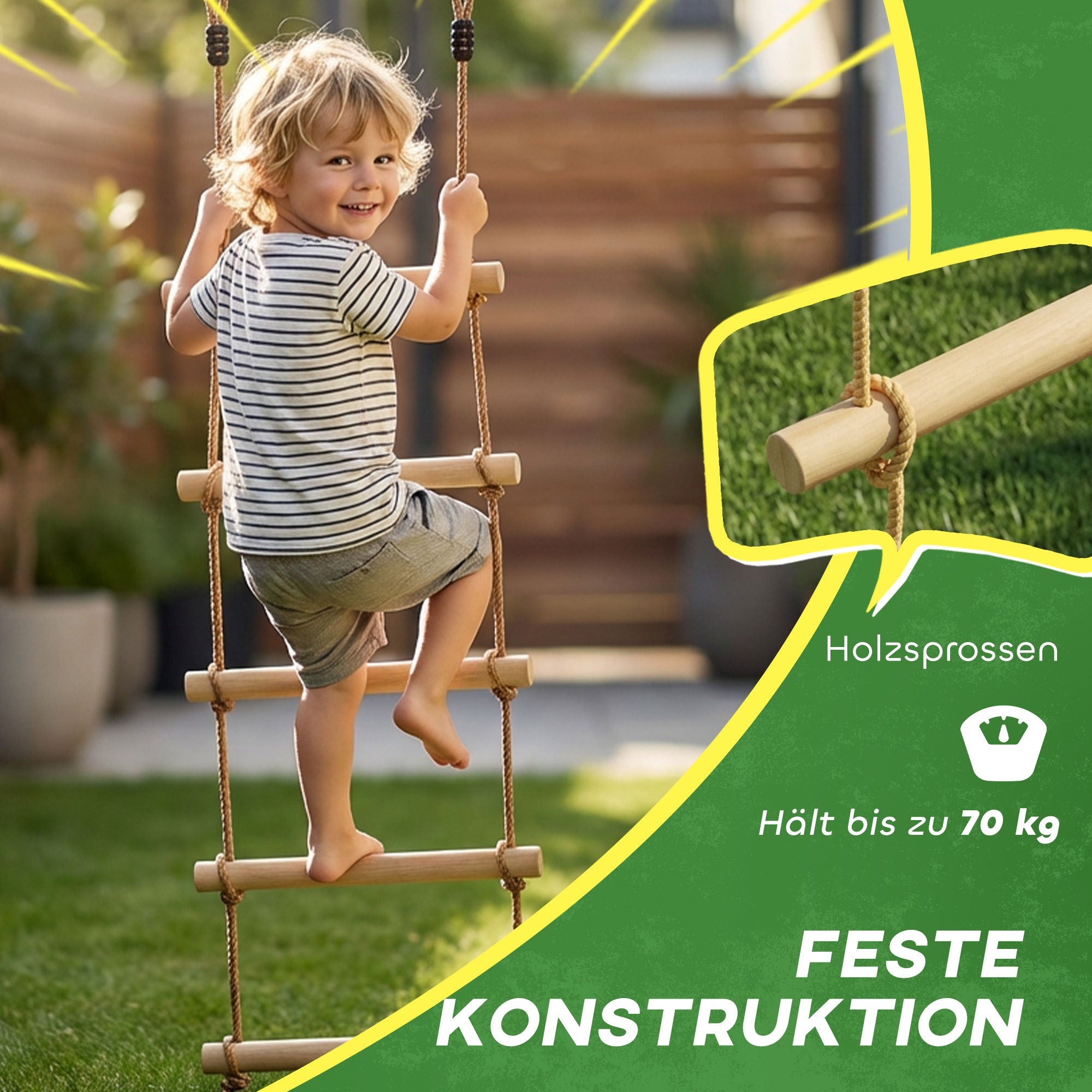 Ninja Line Kids 5-Rung Climbing Ladder & 1.8 m (5.9 ft) Slackline Set — Natural Wood, Includes 2 Carabiners & 2 Tree Straps (Ages 3–8)