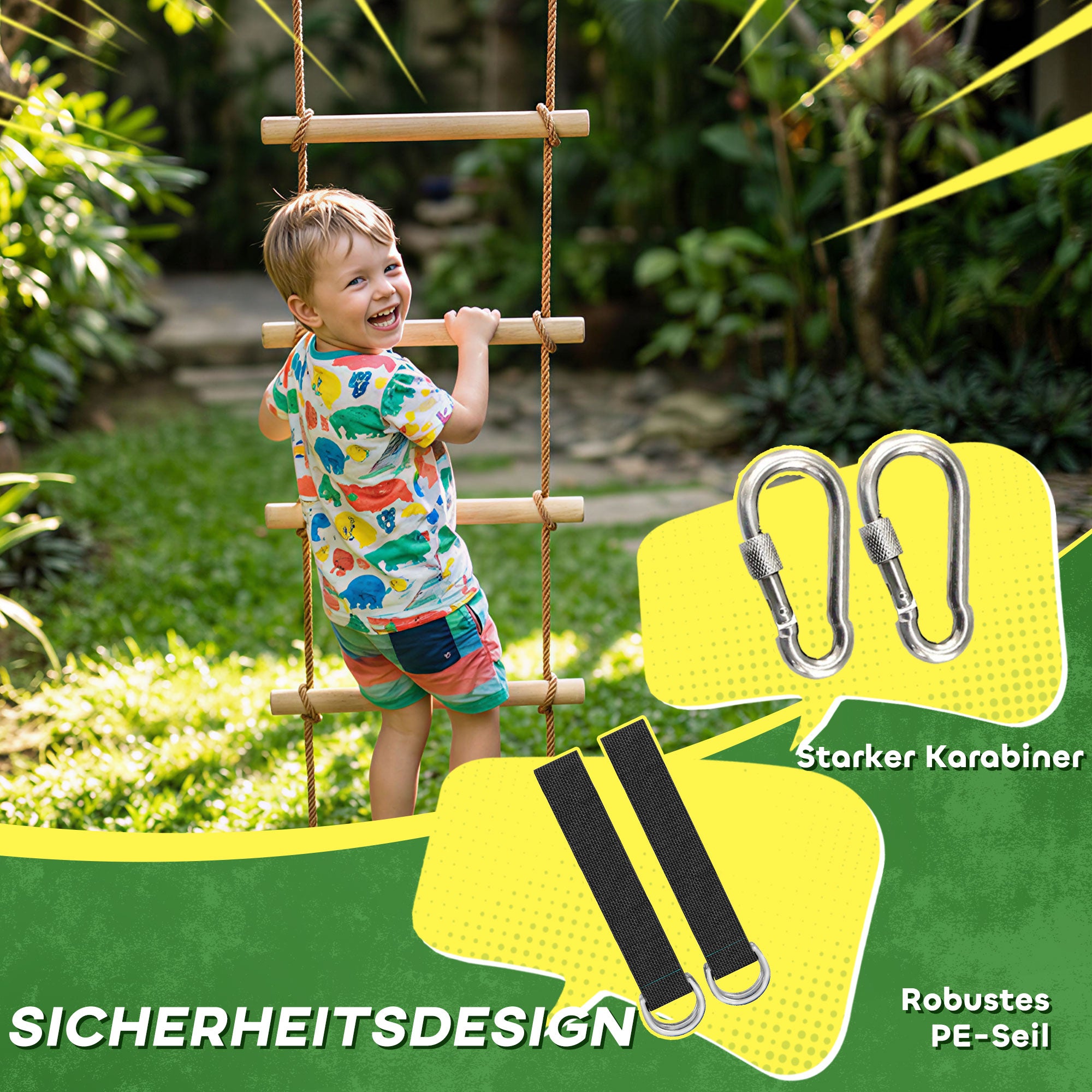 Ninja Line Kids 5-Rung Climbing Ladder & 1.8 m (5.9 ft) Slackline Set — Natural Wood, Includes 2 Carabiners & 2 Tree Straps (Ages 3–8)