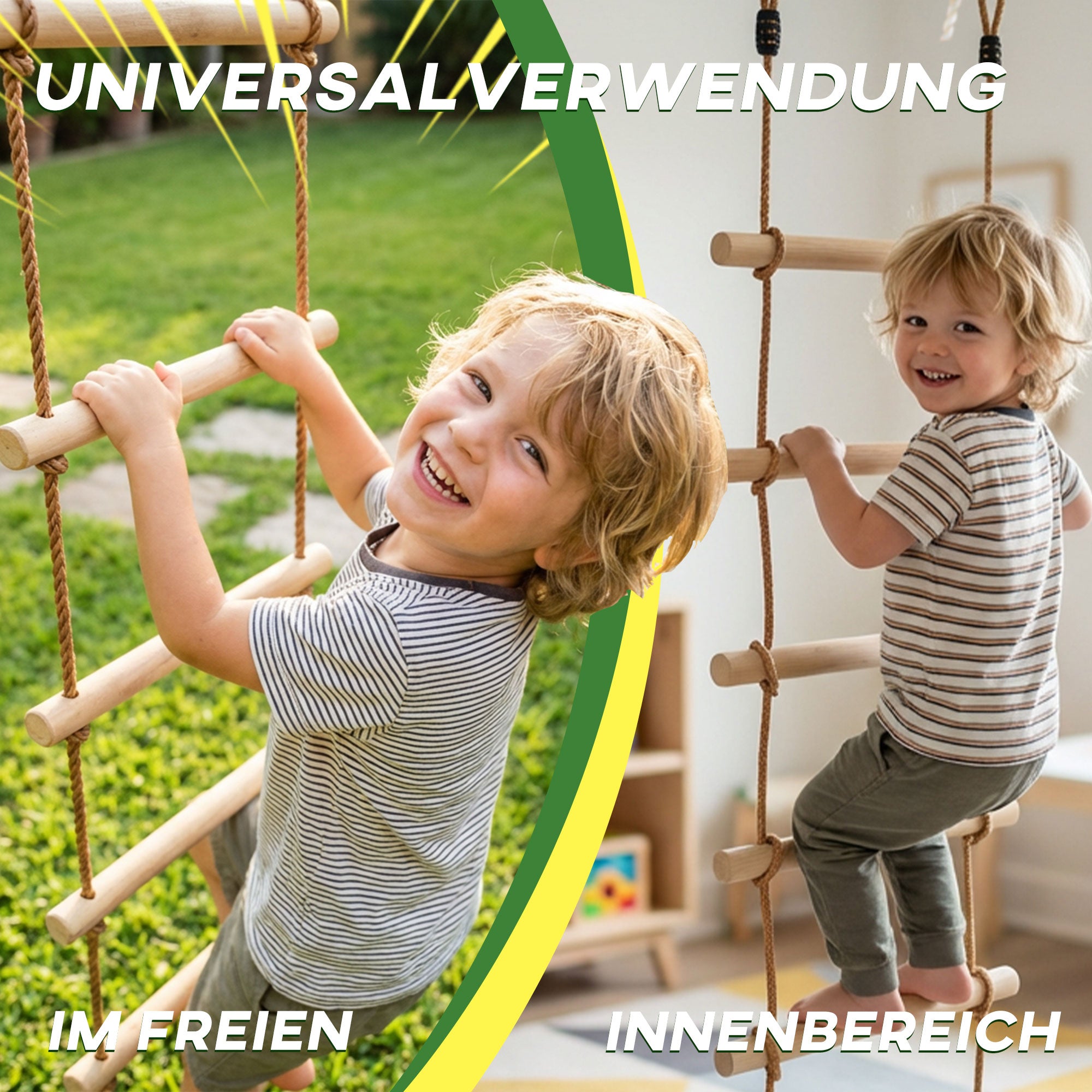 Ninja Line Kids 5-Rung Climbing Ladder & 1.8 m (5.9 ft) Slackline Set — Natural Wood, Includes 2 Carabiners & 2 Tree Straps (Ages 3–8)