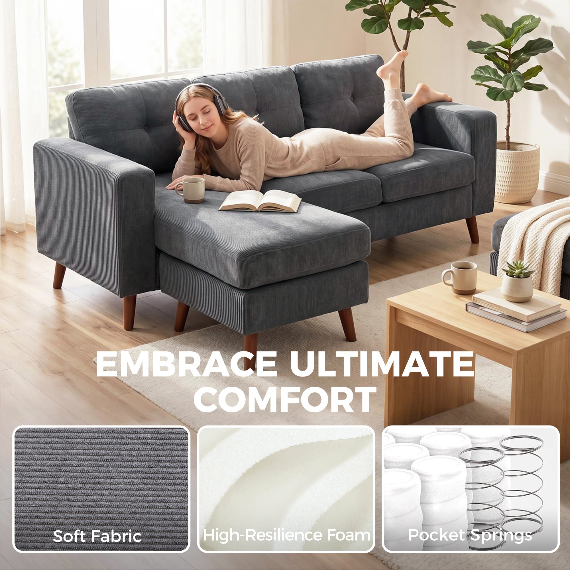 L-Shape Corner Sofa 192 cm (3-Seater) with Reversible Chaise, Corduroy Upholstery, Compact Corner Couch for Small Spaces, Living Room, Dark Gray