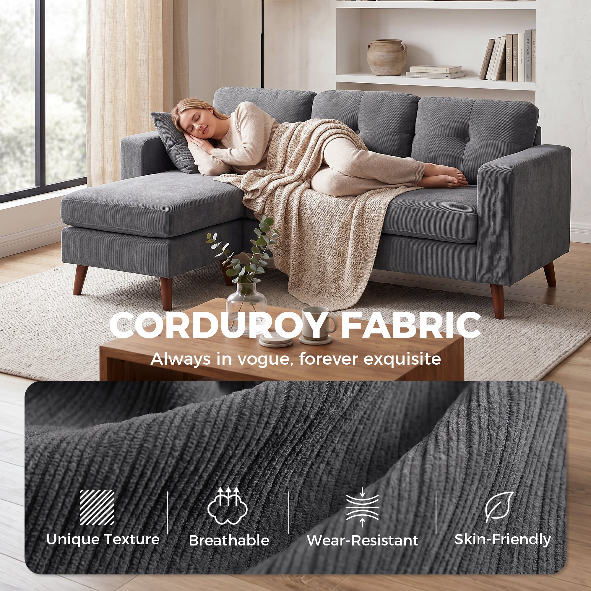 L-Shape Corner Sofa 192 cm (3-Seater) with Reversible Chaise, Corduroy Upholstery, Compact Corner Couch for Small Spaces, Living Room, Dark Gray