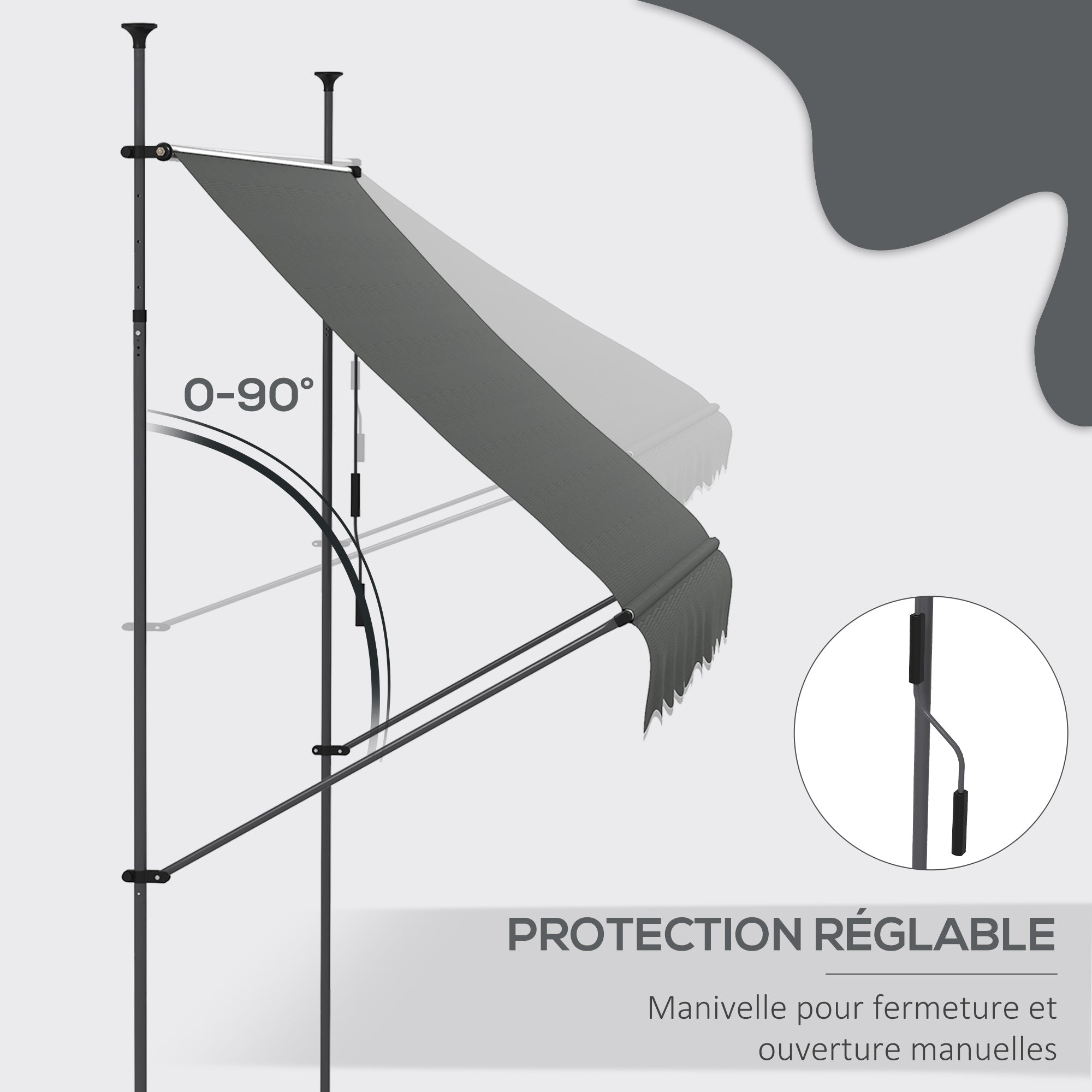 Retractable Manual Freestanding Awning Awning 2.5L x 1.2W x 2.1-3H m Adjustable Incline for Balcony Without Drilling Holes - Dark Gray Aluminum Metal Polyester