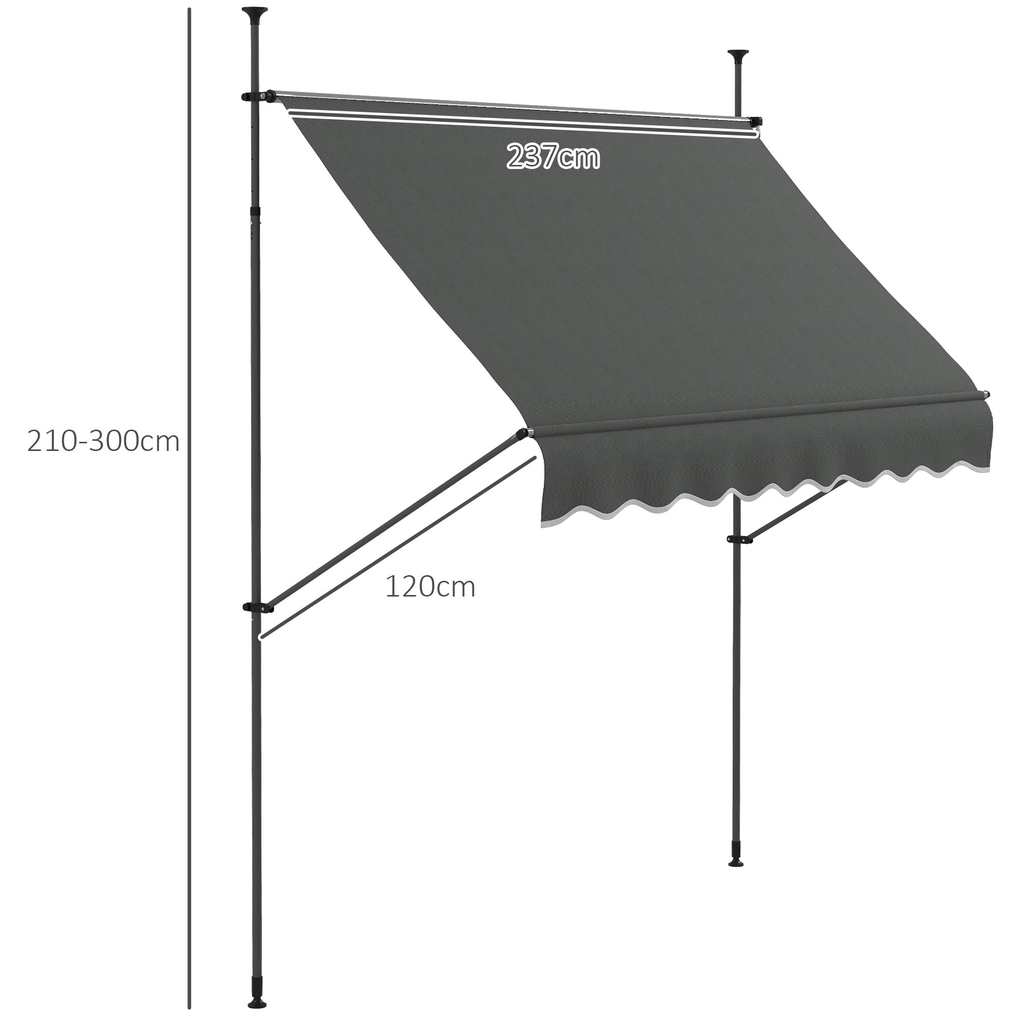 Retractable Manual Freestanding Awning Awning 2.5L x 1.2W x 2.1-3H m Adjustable Incline for Balcony Without Drilling Holes - Dark Gray Aluminum Metal Polyester