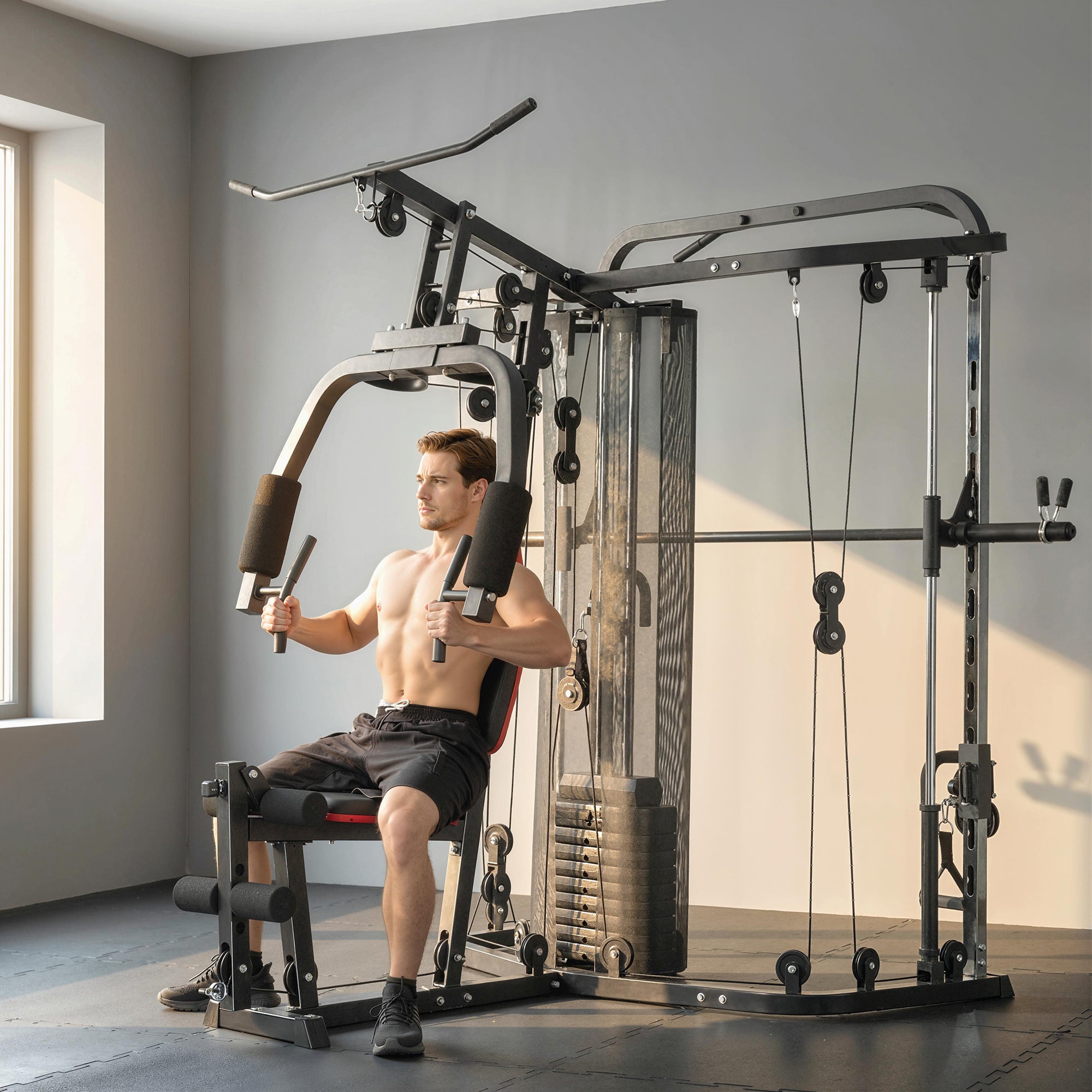 SPORTNOW Multi-Station Home Gym with 143 lb Weight Stack, Smith Machine, Lat Pulldown, Adjustable Preacher Bench & Leg Trainer — Supports up to 265 lb