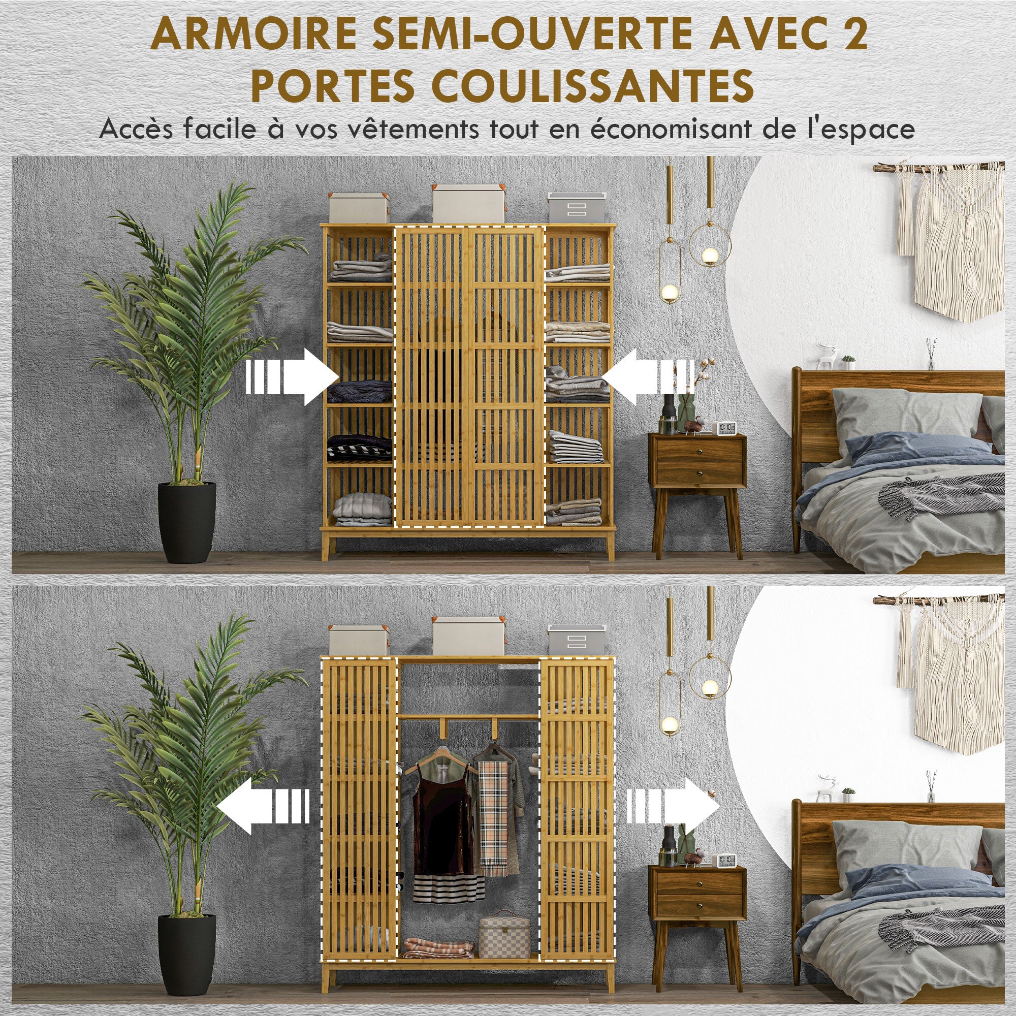 Bamboo Wardrobe Clothing Storage with 2 Sliding Doors, Open Shelves, and Rod for Bedroom, 145 x 35 x 165cm, Natural Wood Finish