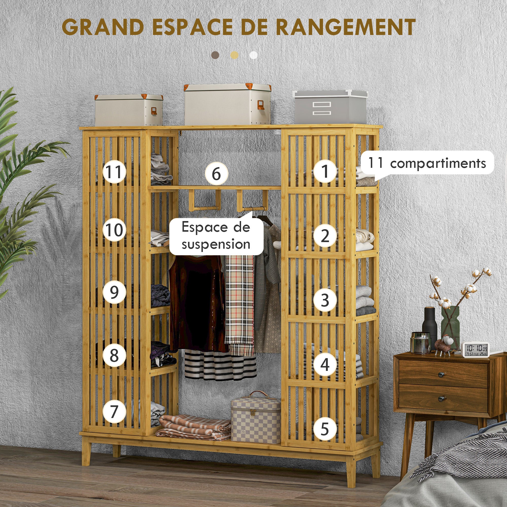 Bamboo Wardrobe Clothing Storage with 2 Sliding Doors, Open Shelves, and Rod for Bedroom, 145 x 35 x 165cm, Natural Wood Finish