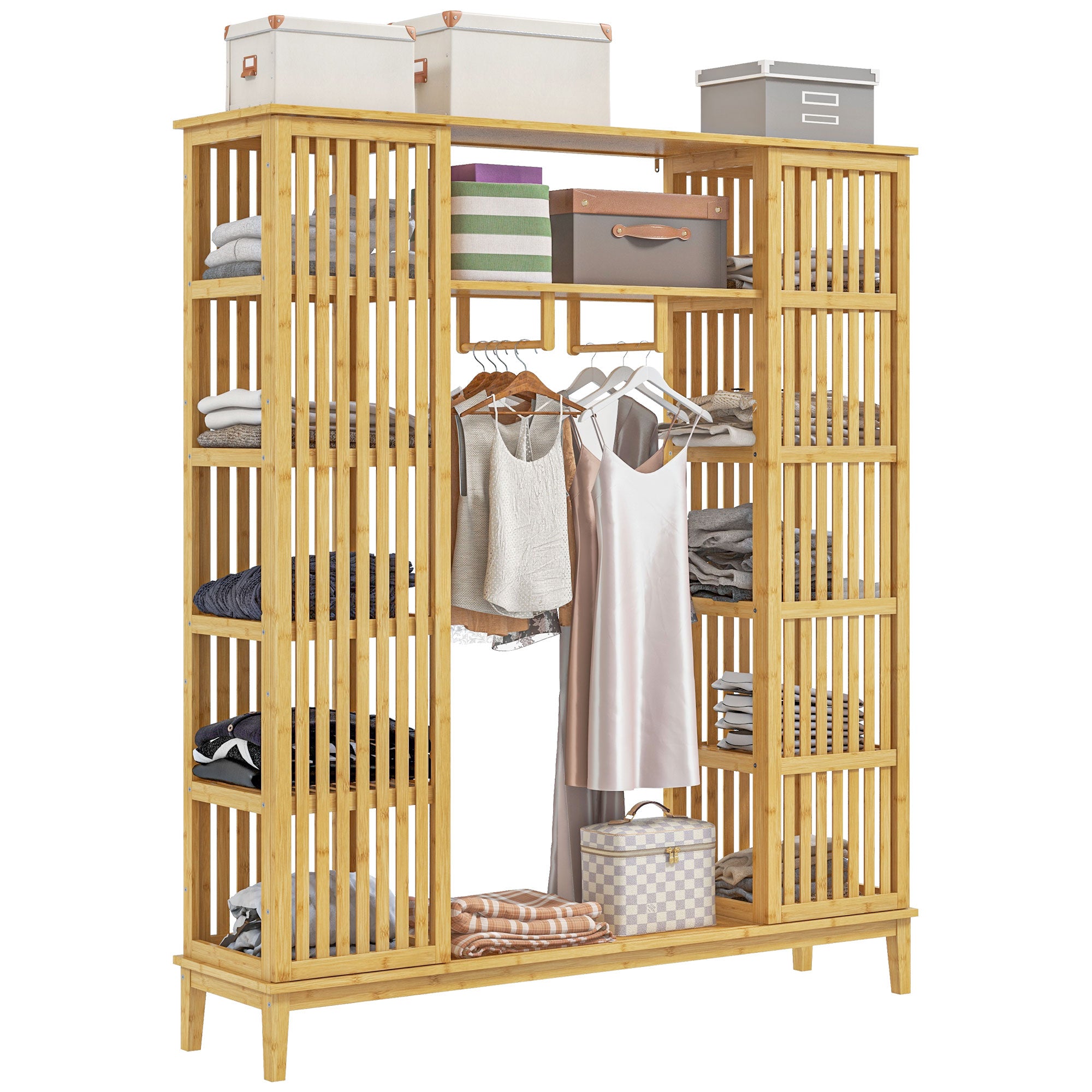 Bamboo Wardrobe Clothing Storage with 2 Sliding Doors, Open Shelves, and Rod for Bedroom, 145 x 35 x 165cm, Natural Wood Finish