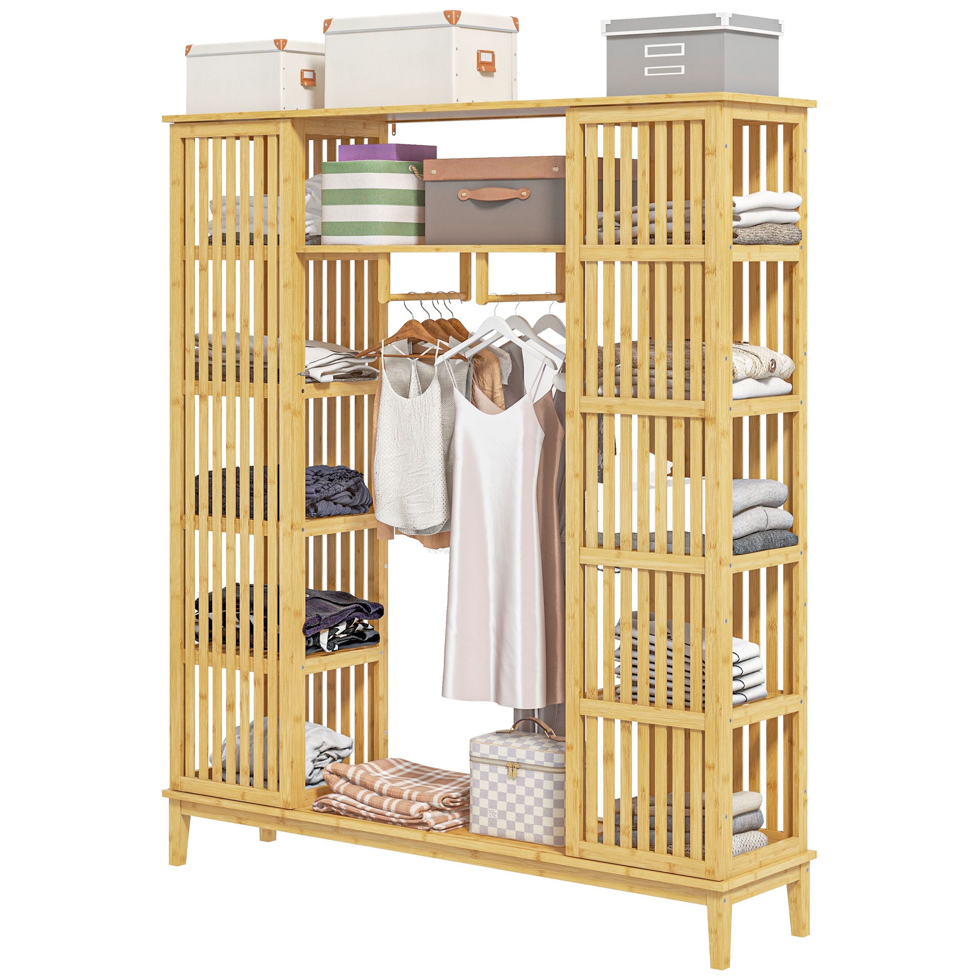 Bamboo Wardrobe Clothing Storage with 2 Sliding Doors, Open Shelves, and Rod for Bedroom, 145 x 35 x 165cm, Natural Wood Finish