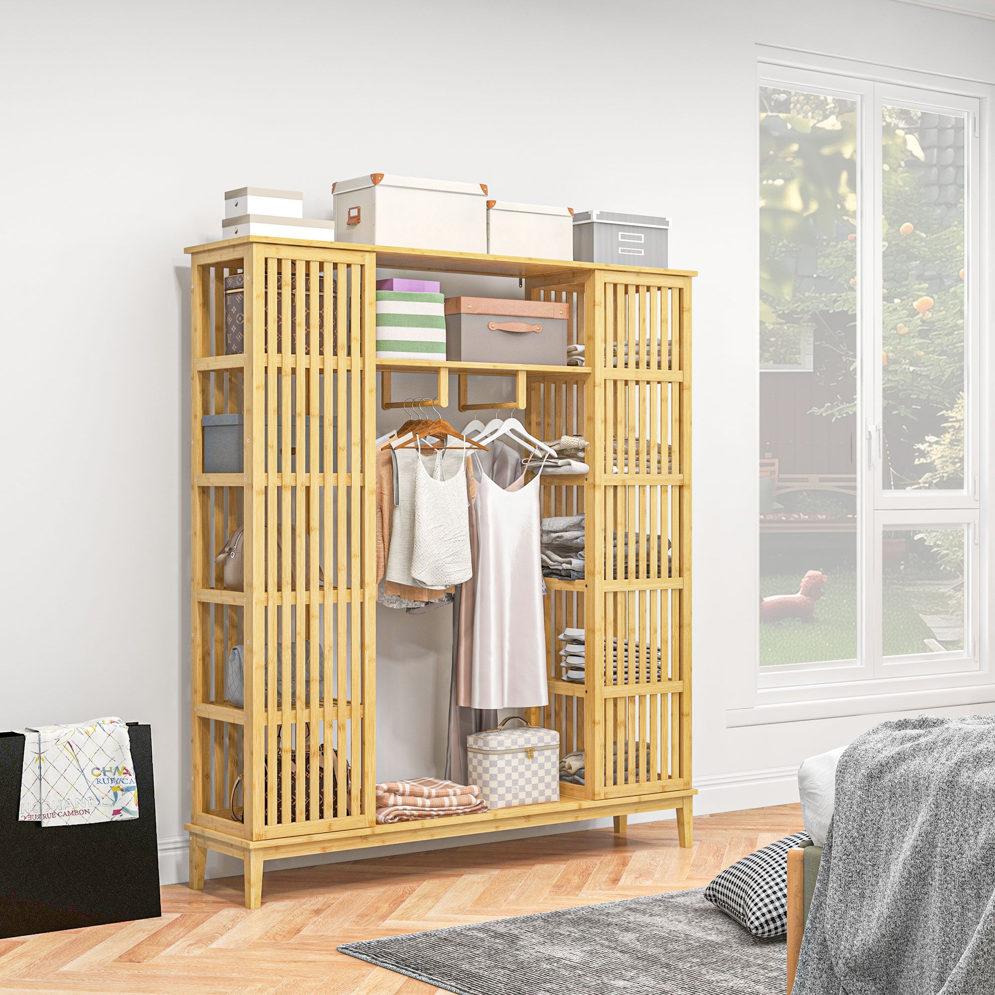 Bamboo Wardrobe Clothing Storage with 2 Sliding Doors, Open Shelves, and Rod for Bedroom, 145 x 35 x 165cm, Natural Wood Finish