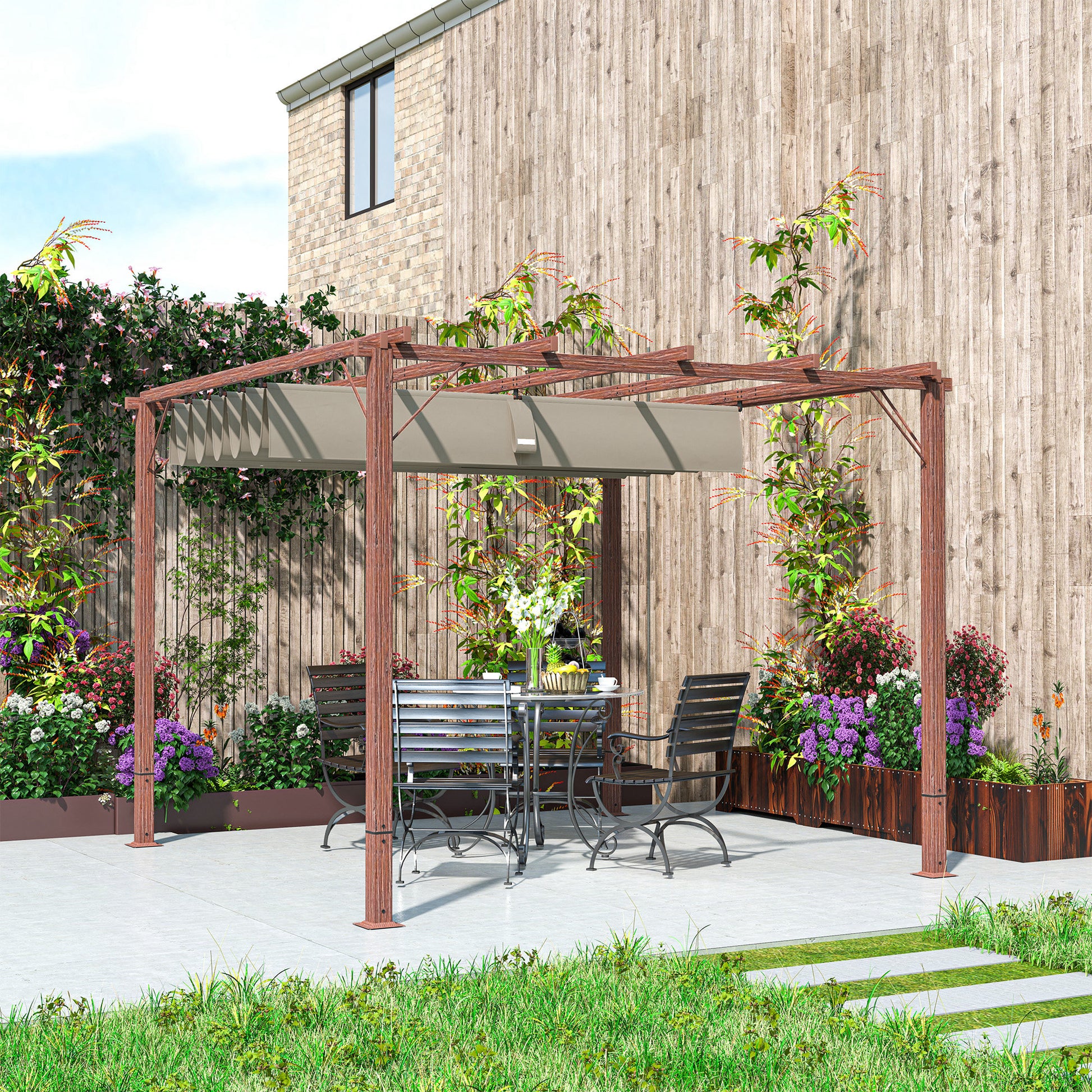 Pergola approx. 3x3m Garden Pavilion with Magnetic Pad, Aluminum Patio Canopy, Garden Pavilion with Adjustable Roof, Freestanding, UV Protection 30+, for Terrace and Garden, Natural Wood