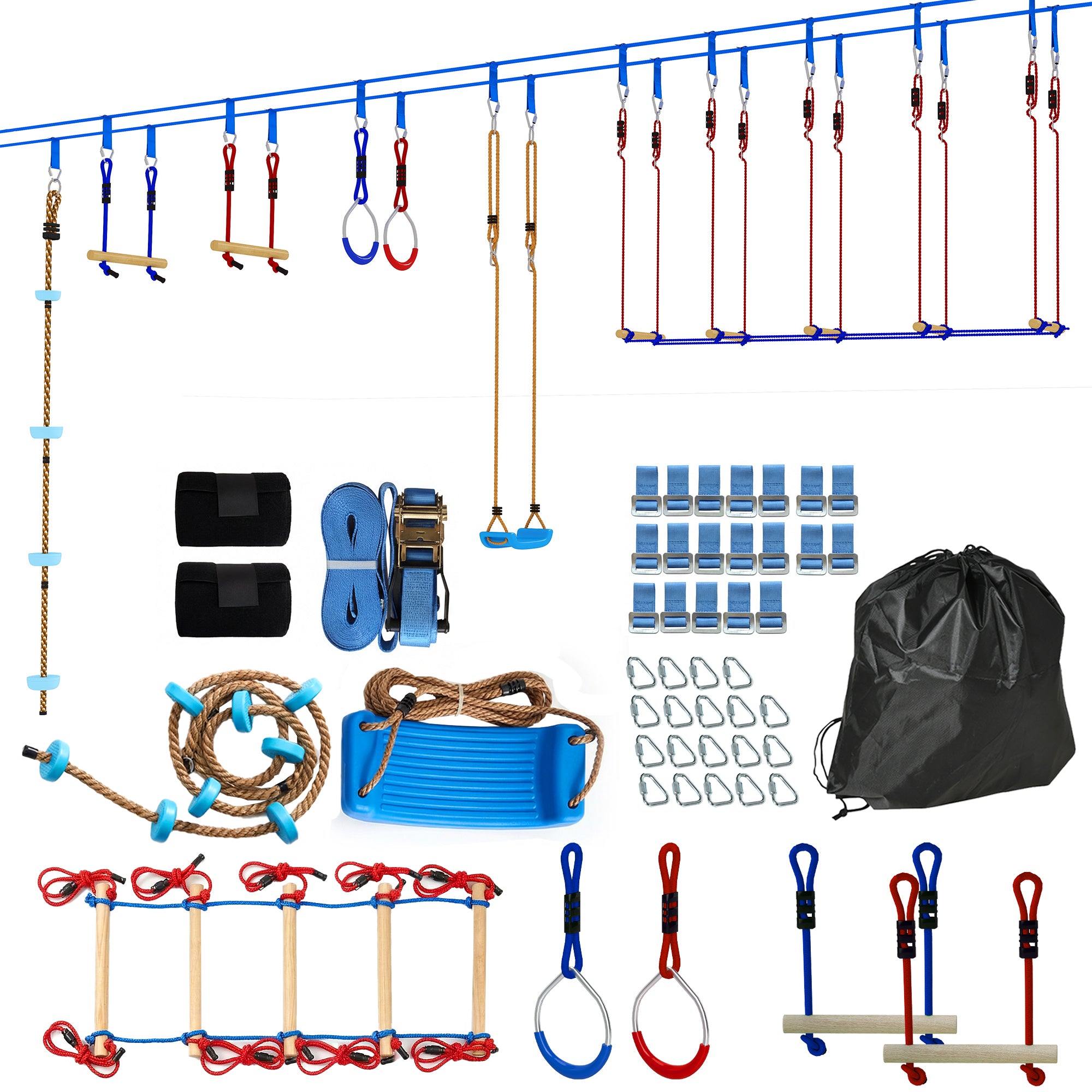 Kids Ninja Line 24 m Slackline Set with Gym Rings, 7 Obstacles, Climbing Bar & Balance Bridge — Obstacle Course for Ages 3–6 (Red/Blue)