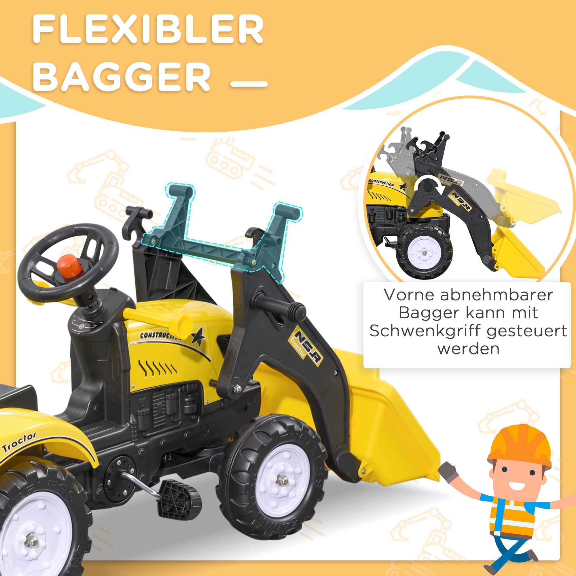 Pedal Tractor with Trailer Adjustable Shovel Loader Vehicle for Children aged 3 and above Yellow