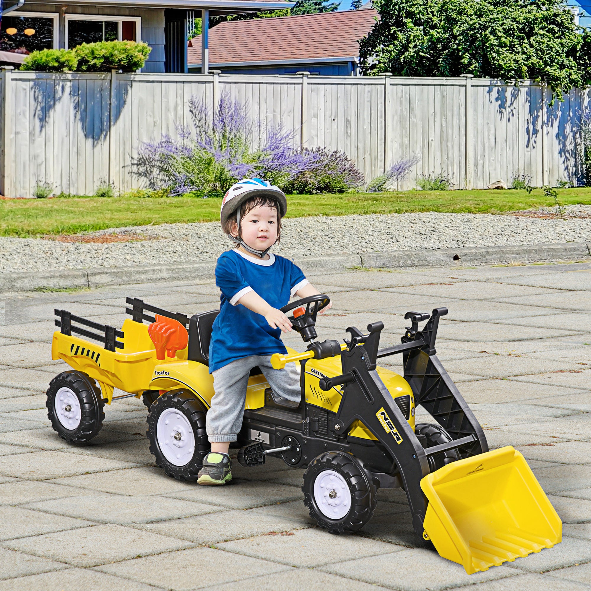 Pedal Tractor with Trailer Adjustable Shovel Loader Vehicle for Children aged 3 and above Yellow