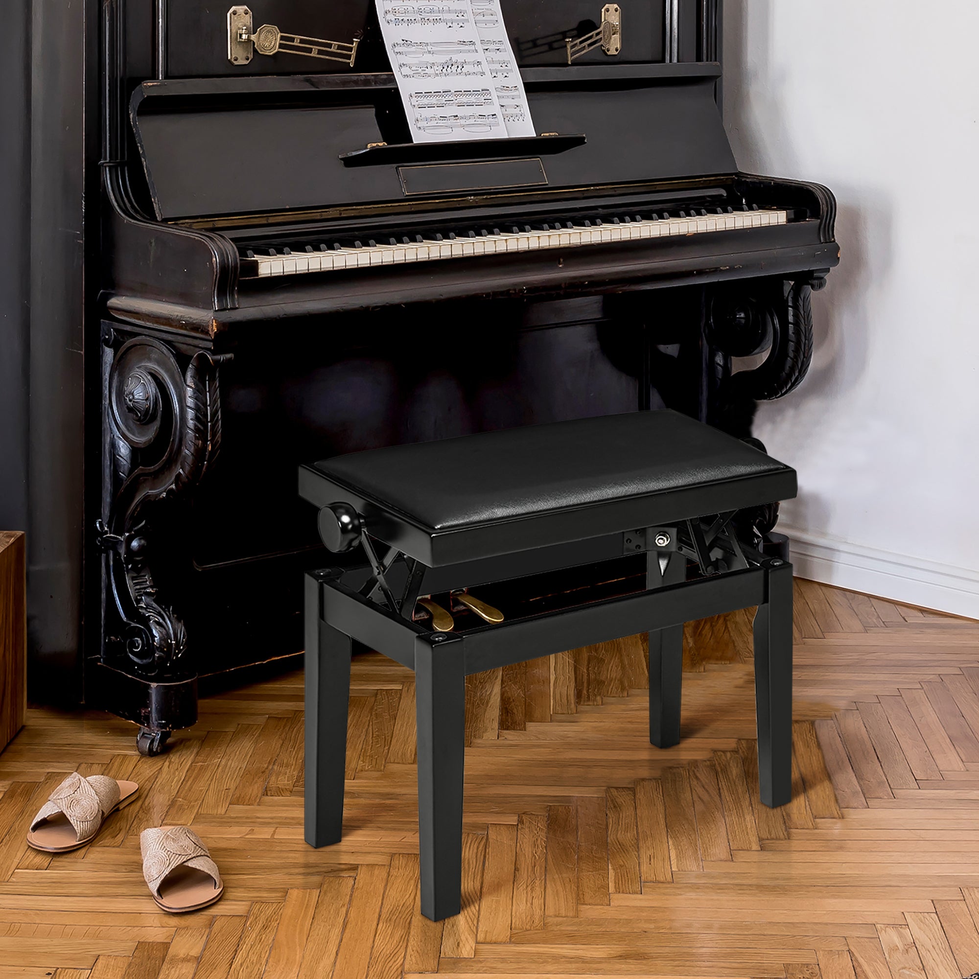 Piano Stool Height Adjustable Piano Bench with Leather Cushion Piano Bench Faux Leather Rubber Wood Black 63 x 33 x 45-56 cm
