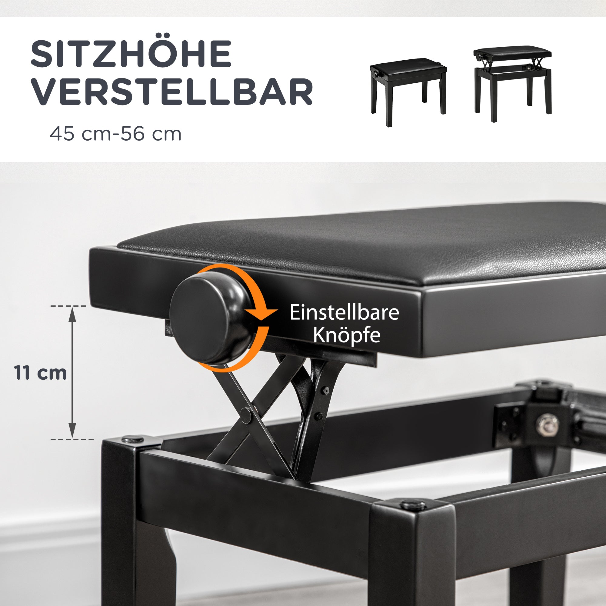 Piano Stool Height Adjustable Piano Bench with Leather Cushion Piano Bench Faux Leather Rubber Wood Black 63 x 33 x 45-56 cm