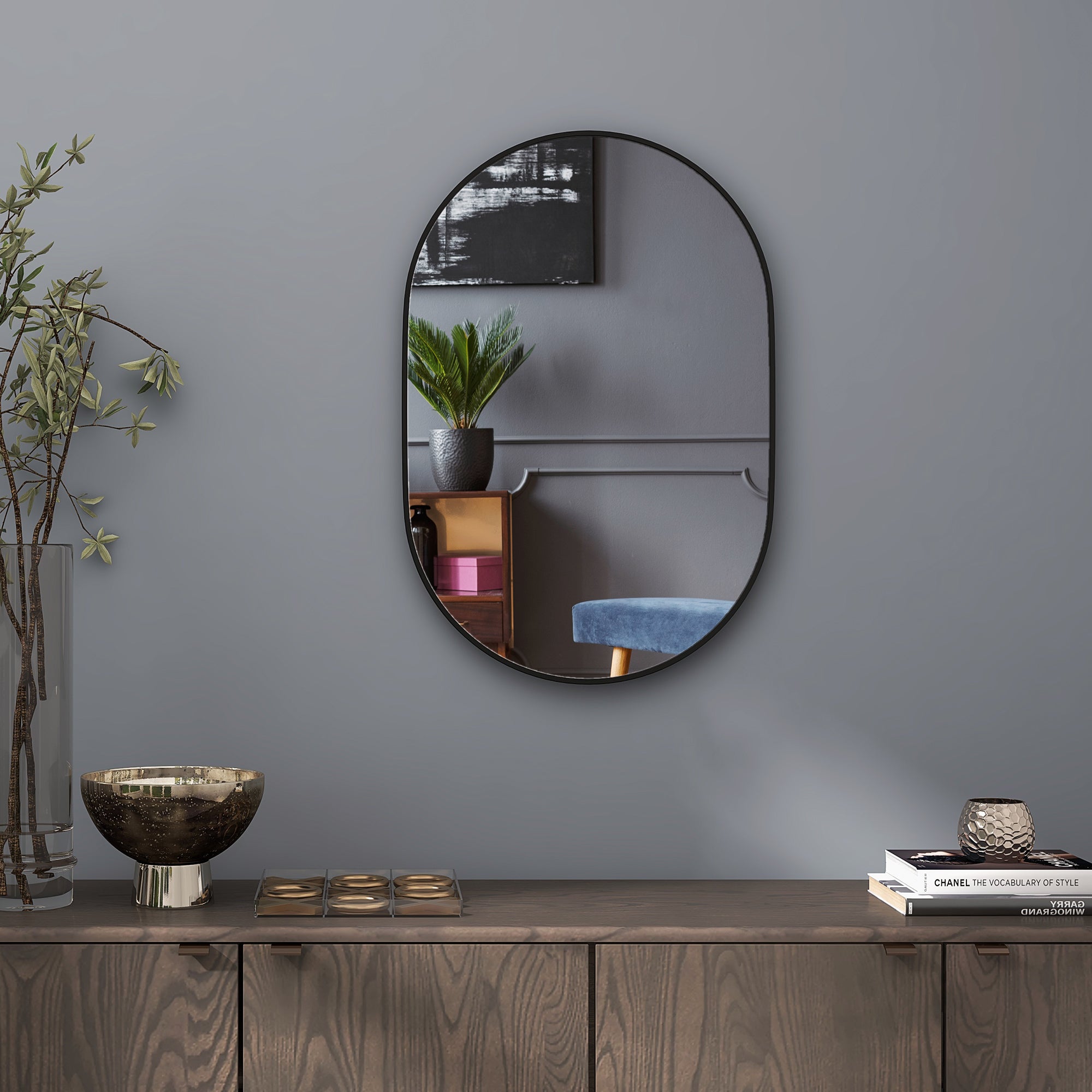 Oval Bathroom Mirror 60x90cm Tempered Glass, Modern Wall Mirror with Aluminum Alloy Frame, Vertical/Horizontal Mounting, for Bedroom, Entryway, Living Room, Black