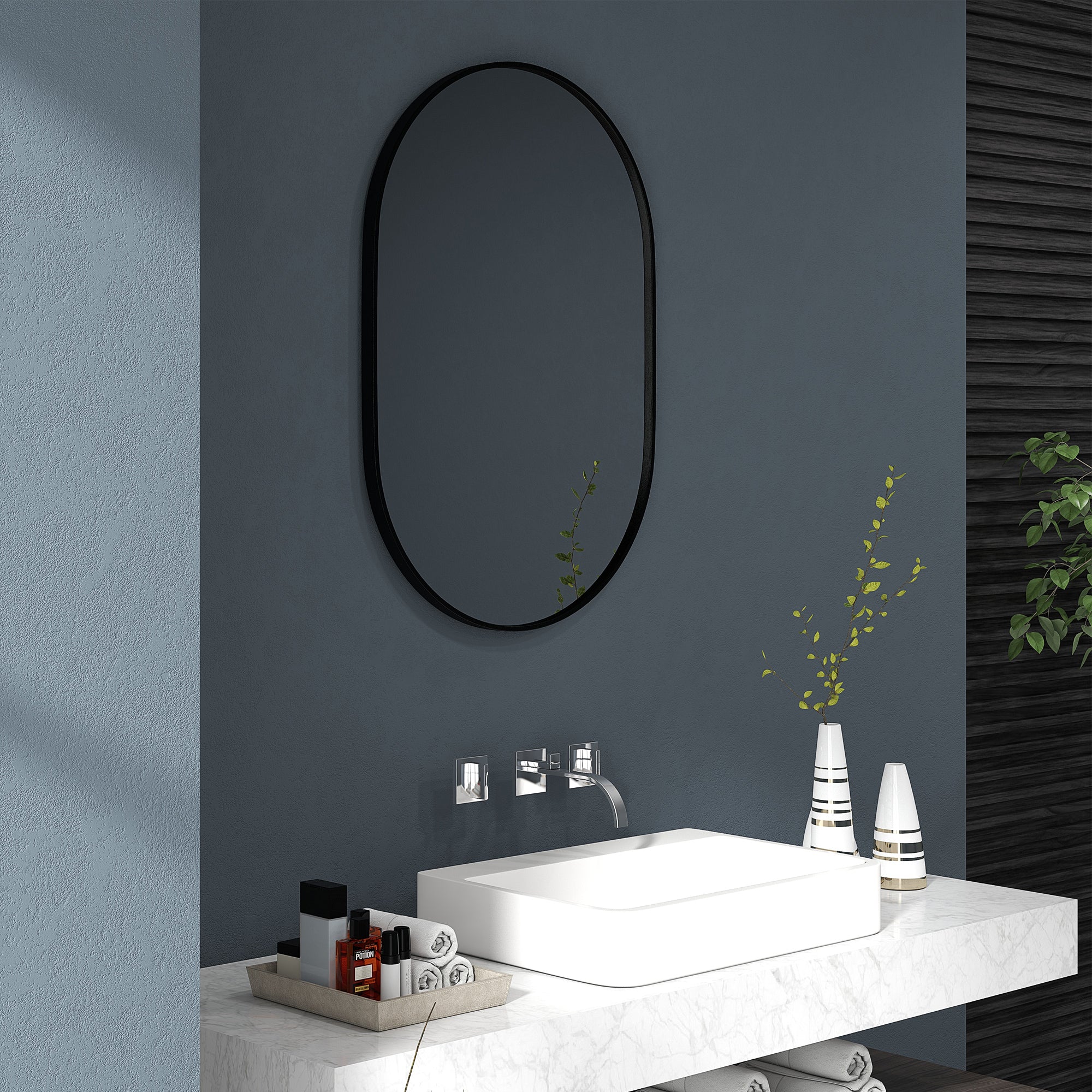 Oval Bathroom Mirror 60x90cm Tempered Glass, Modern Wall Mirror with Aluminum Alloy Frame, Vertical/Horizontal Mounting, for Bedroom, Entryway, Living Room, Black