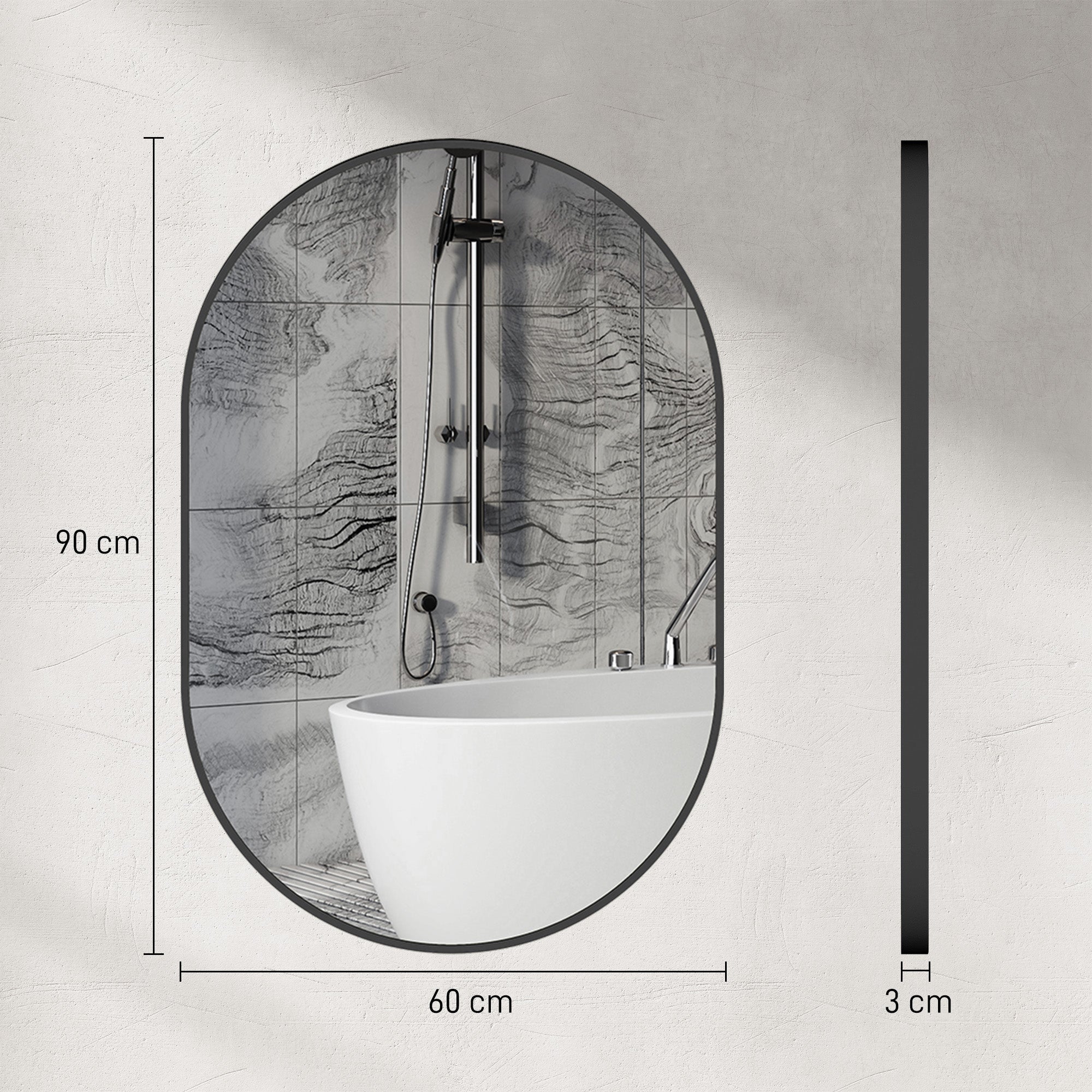 Oval Bathroom Mirror 60x90cm Tempered Glass, Modern Wall Mirror with Aluminum Alloy Frame, Vertical/Horizontal Mounting, for Bedroom, Entryway, Living Room, Black