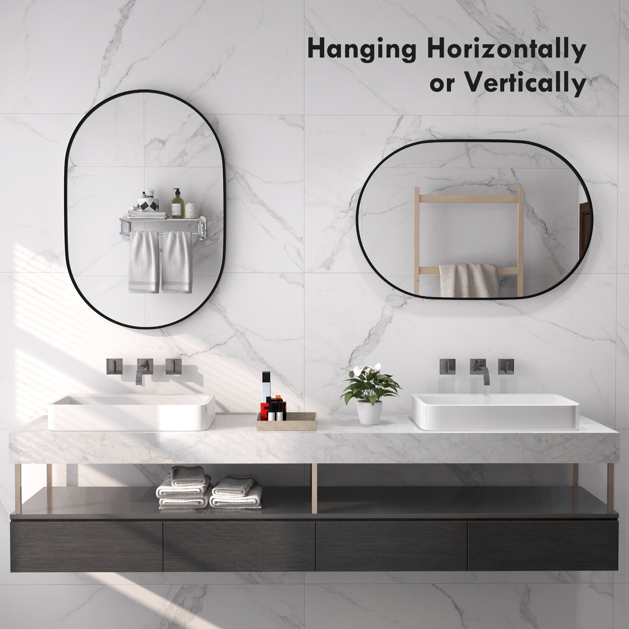 Oval Bathroom Mirror 60x90cm Tempered Glass, Modern Wall Mirror with Aluminum Alloy Frame, Vertical/Horizontal Mounting, for Bedroom, Entryway, Living Room, Black