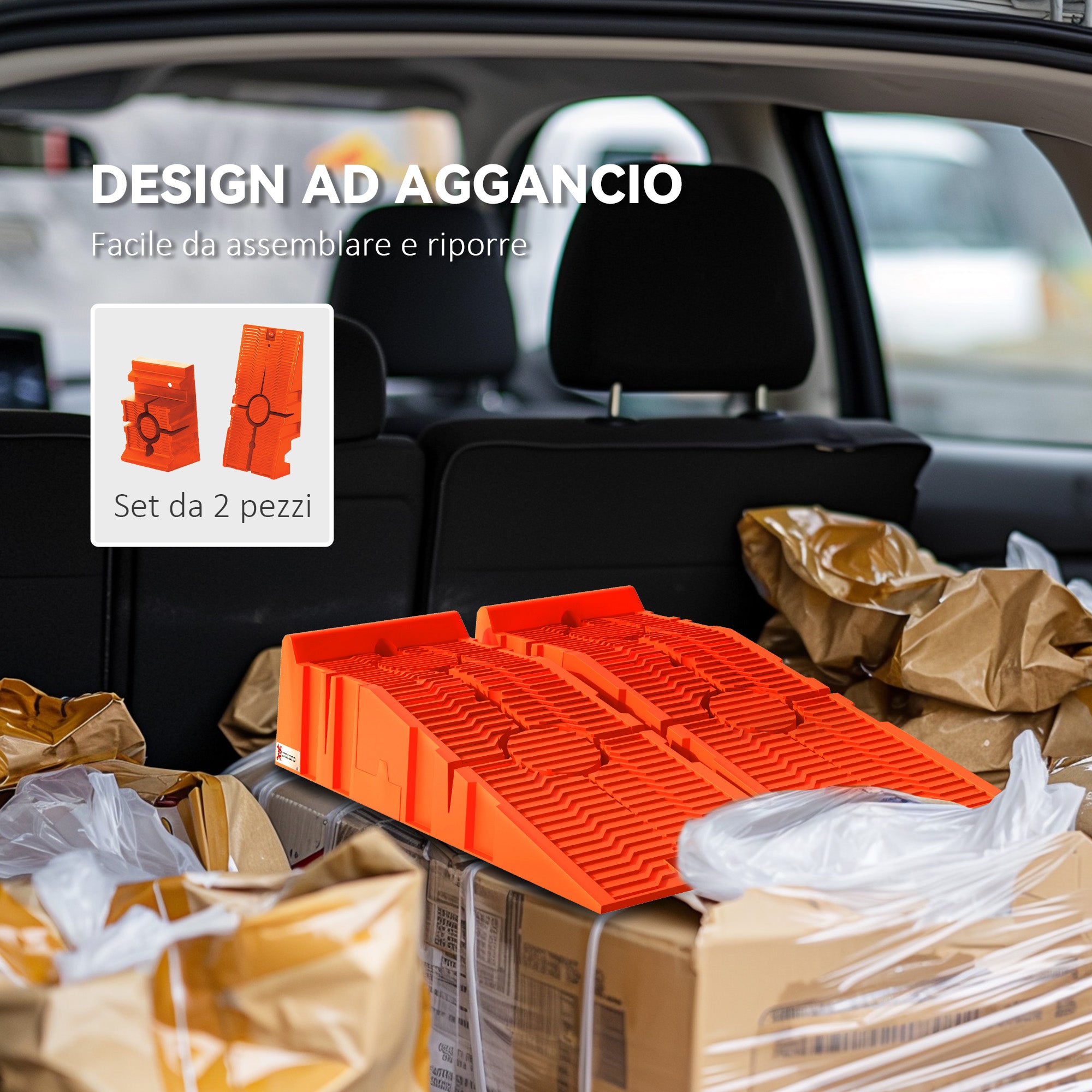 Set of 2 Plastic Car Loading Ramps with 5 Tonnes Max Load, Space-Saving Car Platforms for Maintenance, 91x30x21 cm, Orange