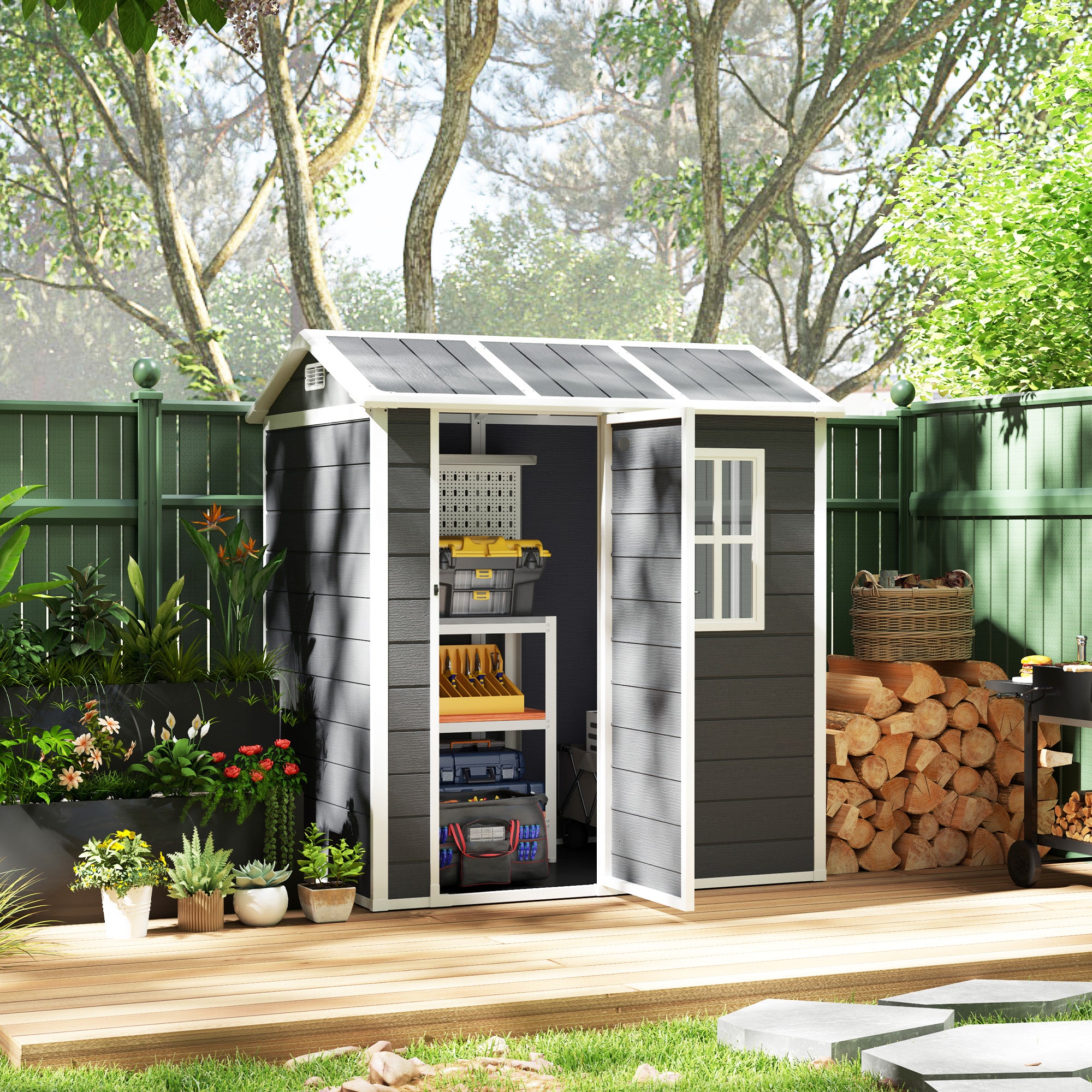 Plastic Tool Shed 2.1m² 186 x 130 x 199cm Garden Shed with Gable Roof Floor Window Lockable Door Weatherproof Outdoor Garden Shed for Backyard Gray