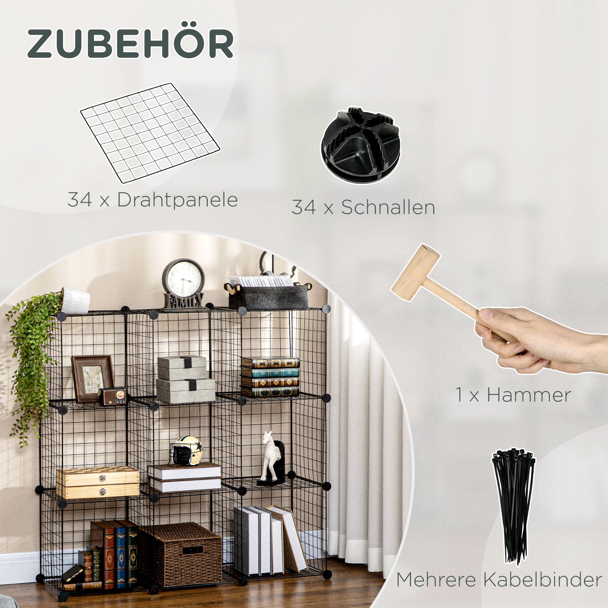 Cube Shelf, Shelving System with 9 Compartments, DIY Wire Grid Shelf, Cube Shelf for Living Room, Bedroom, Black, 105 x 35 x 105 cm