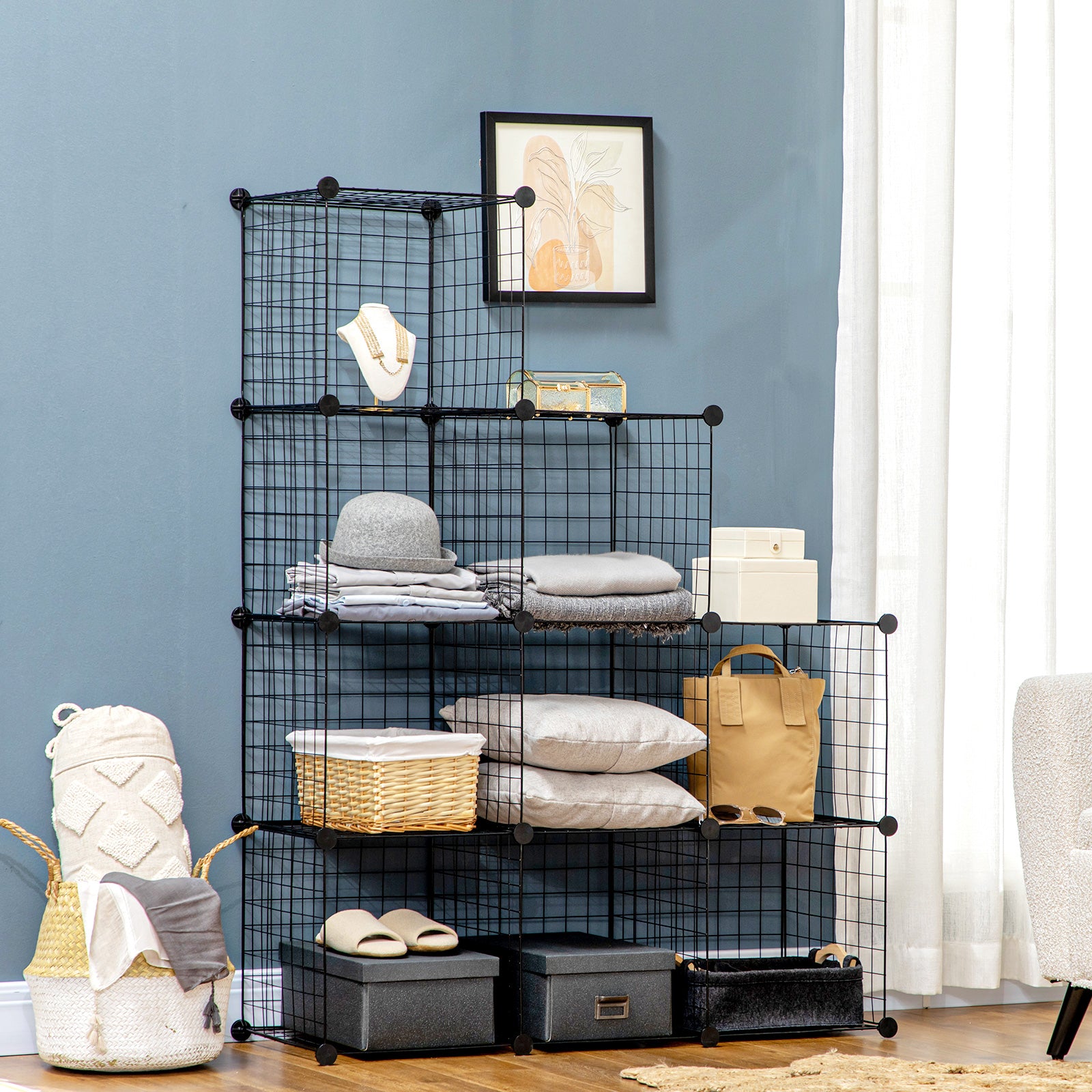 Cube Shelf, Shelving System with 9 Compartments, DIY Wire Grid Shelf, Cube Shelf for Living Room, Bedroom, Black, 105 x 35 x 105 cm