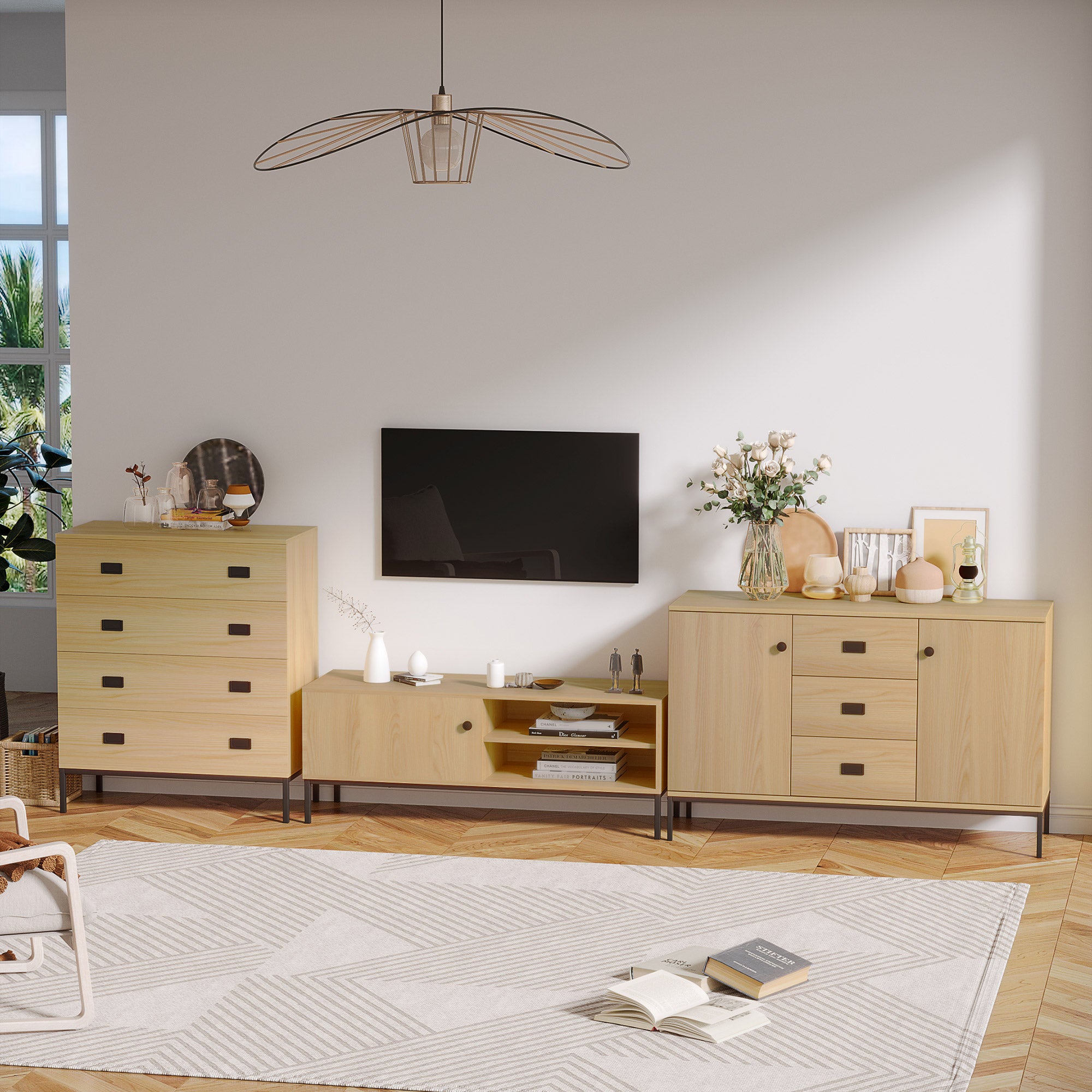 Kitchen Buffet Storage Cabinet 2 Cupboards Adjustable Shelf 3 Drawers Contemporary Style - 120 x 39.5 x 77 cm Natural